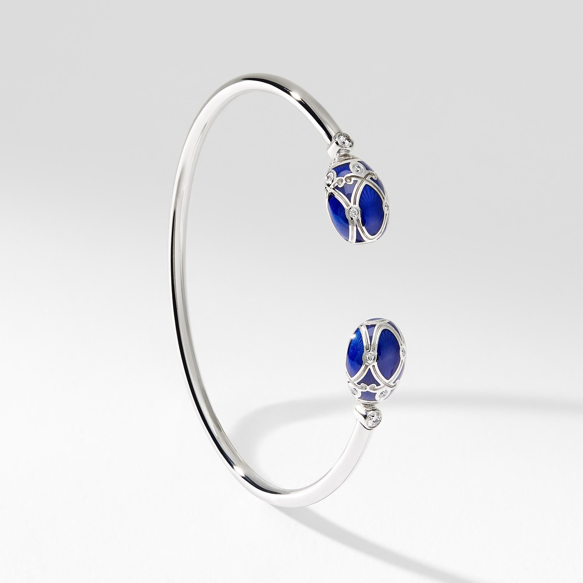 Round Cut Fabergé Yelagin 18K White Gold Diamond Open Bracelet With Royal Blue Enamel For Sale