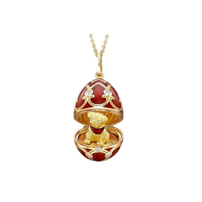 Fabergé Heritage Yellow Gold Red Guilloché Enamel Dog
Surprise Locket
18k yellow gold
18 round white diamonds 0.30cts (G VS+)
18k rose gold chain 50cm
egg size 22mm
1151FP2074