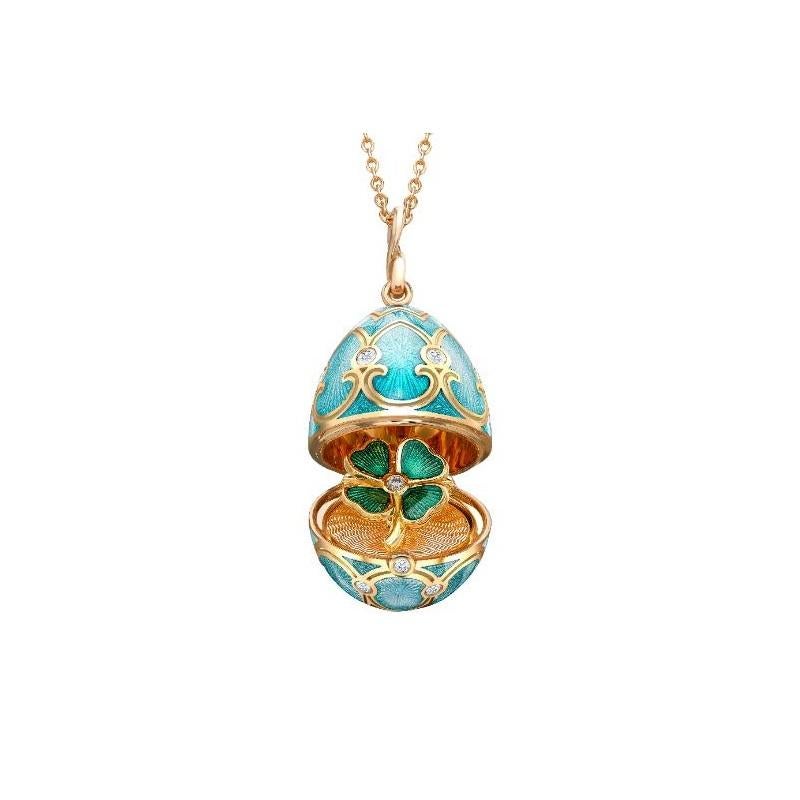 Fabergé Heritage Yellow Gold Turquoise Guilloché Enamel Clover
Surprise Locket
18k yellow gold
16 round white diamonds 0.29cts (G VS+)
18k yellow gold chain 50cm
egg size 22mm
1151FP1907
