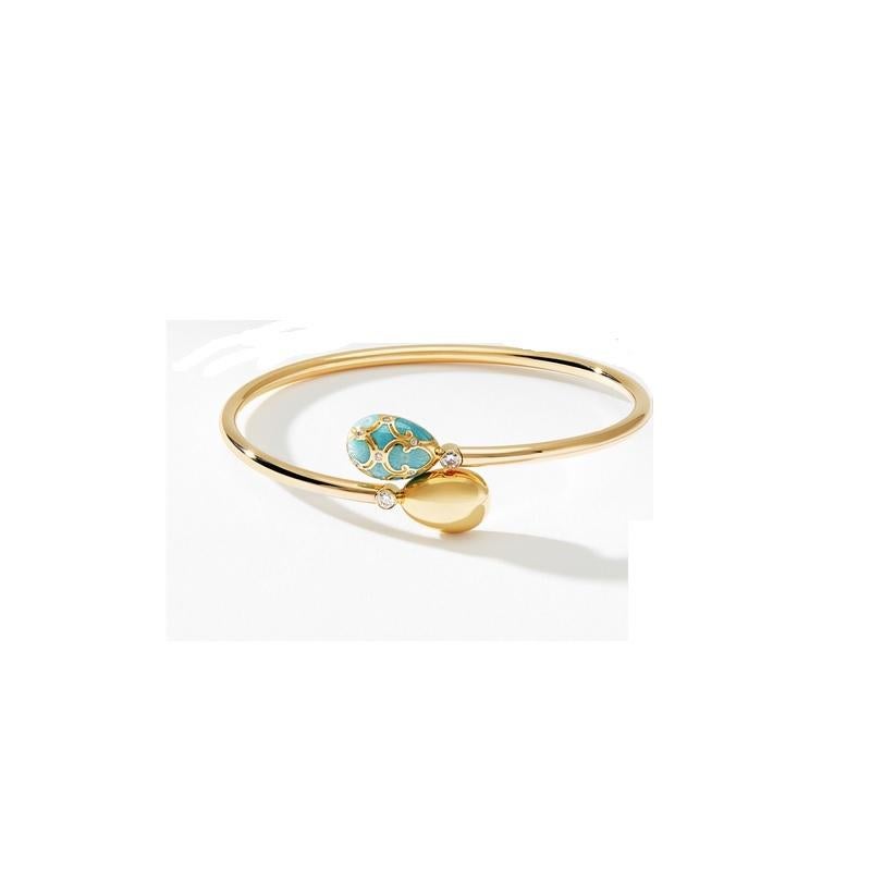 Fabergé Heritage Yellow Gold Turquoise Guilloché Enamel
Crossover Bracelet.
18k yellow gold
9 round white diamonds 0.19cts (G VS+)
1 round ruby 0.05cts
egg motifs 14mm
Size Medium 
1058BT1991