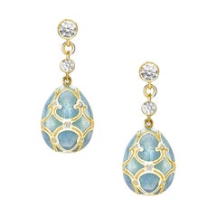 Fabergé Yellow Gold Turquoise Guilloché Enamel Egg Drop Earrings 387EA1447
