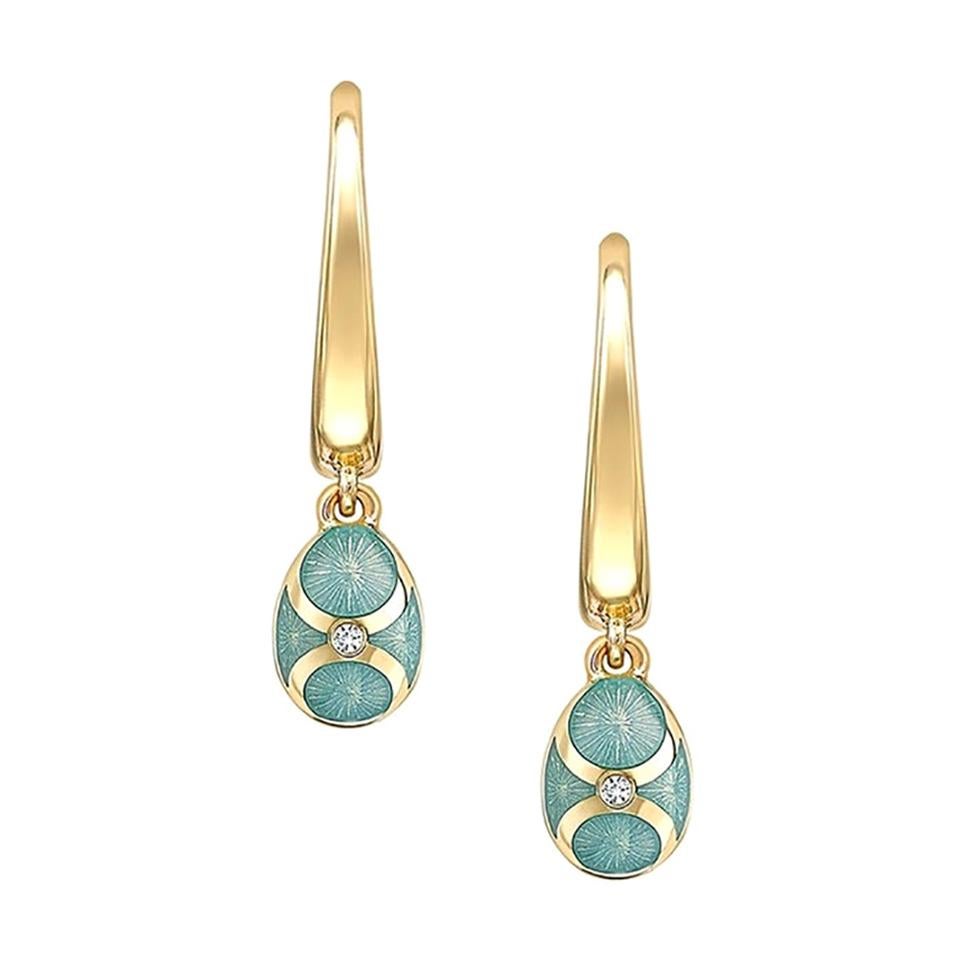 Fabergé Yellow Gold Turquoise Guilloché Enamel Egg Hoop Drop Earrings 1316EA2390 For Sale