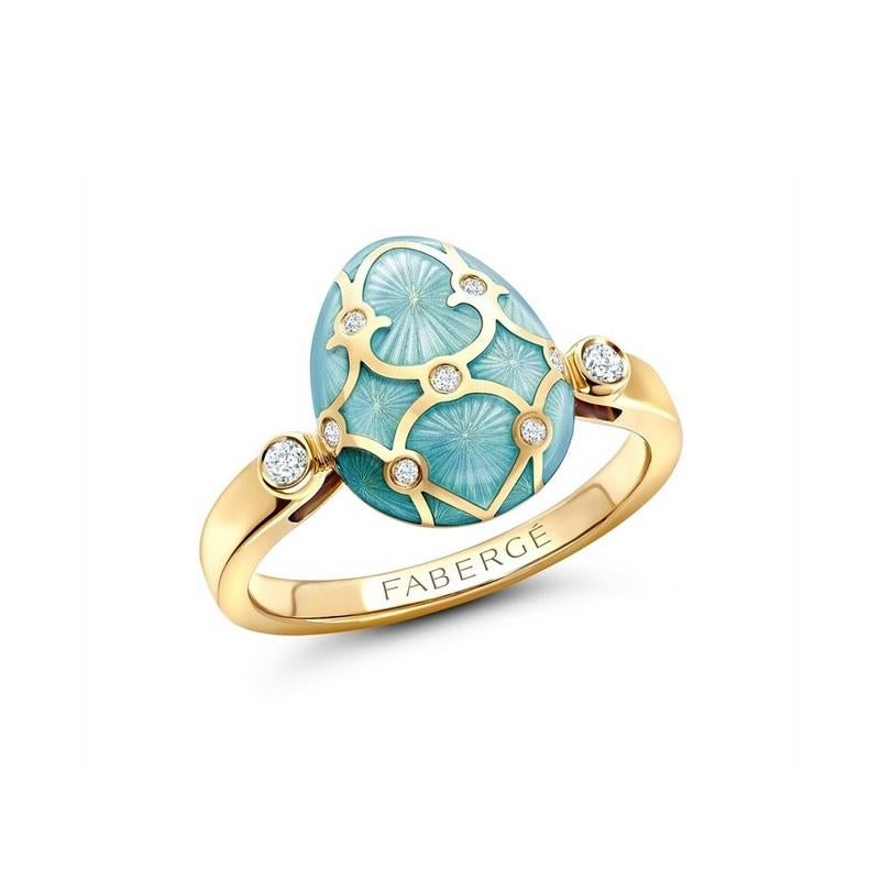 Fabergé Heritage Yellow Gold Turquoise Guilloché Enamel
Egg Ring.
Ring Size 7
18k yellow gold
9 round brilliant cut white diamonds 0.08ct (G VS+)
1298RG2329