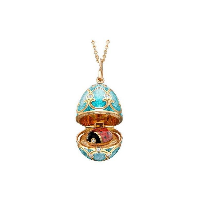 Fabergé Heritage Yellow Gold Turquoise Guilloché Enamel Ladybird
Surprise Locket.
18k yellow gold
17 round white diamonds 0.29cts (G VS+)
18k yellow gold chain 50cm
egg size 22mm
1151FP1905