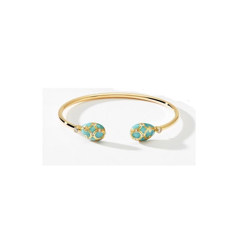 Fabergé Heritage Yellow Gold Turquoise Guilloché Enamel
Open Bracelet.
18k yellow gold
16 round white diamonds 0.24cts (G VS+)
1 round ruby 0.05cts
egg motifs 14mm
Size Medium 
1057BT1895