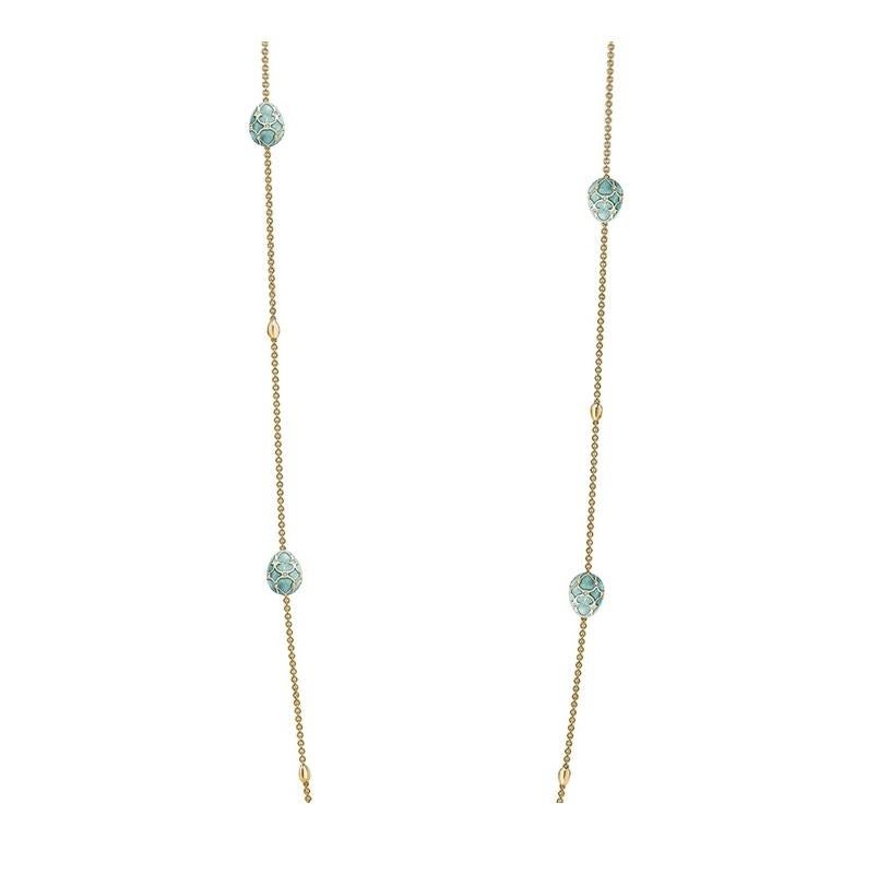 Fabergé Heritage Yellow Gold Turquoise Guilloché Enamel
Sautoir Necklace.
18k yellow gold
35 round brilliant cut white diamonds 0.17cts (G VS+)
18k rose gold chain 100cm
1278NE2327