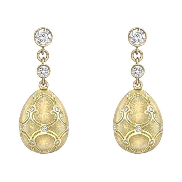 Fabergé Yellow Gold White Guilloché Enamel Egg Drop Earrings 387EA1448