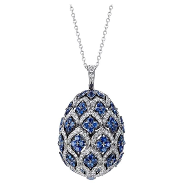 Fabergé Imperial Zenya White Gold & Blue Sapphire Egg Pendant For Sale