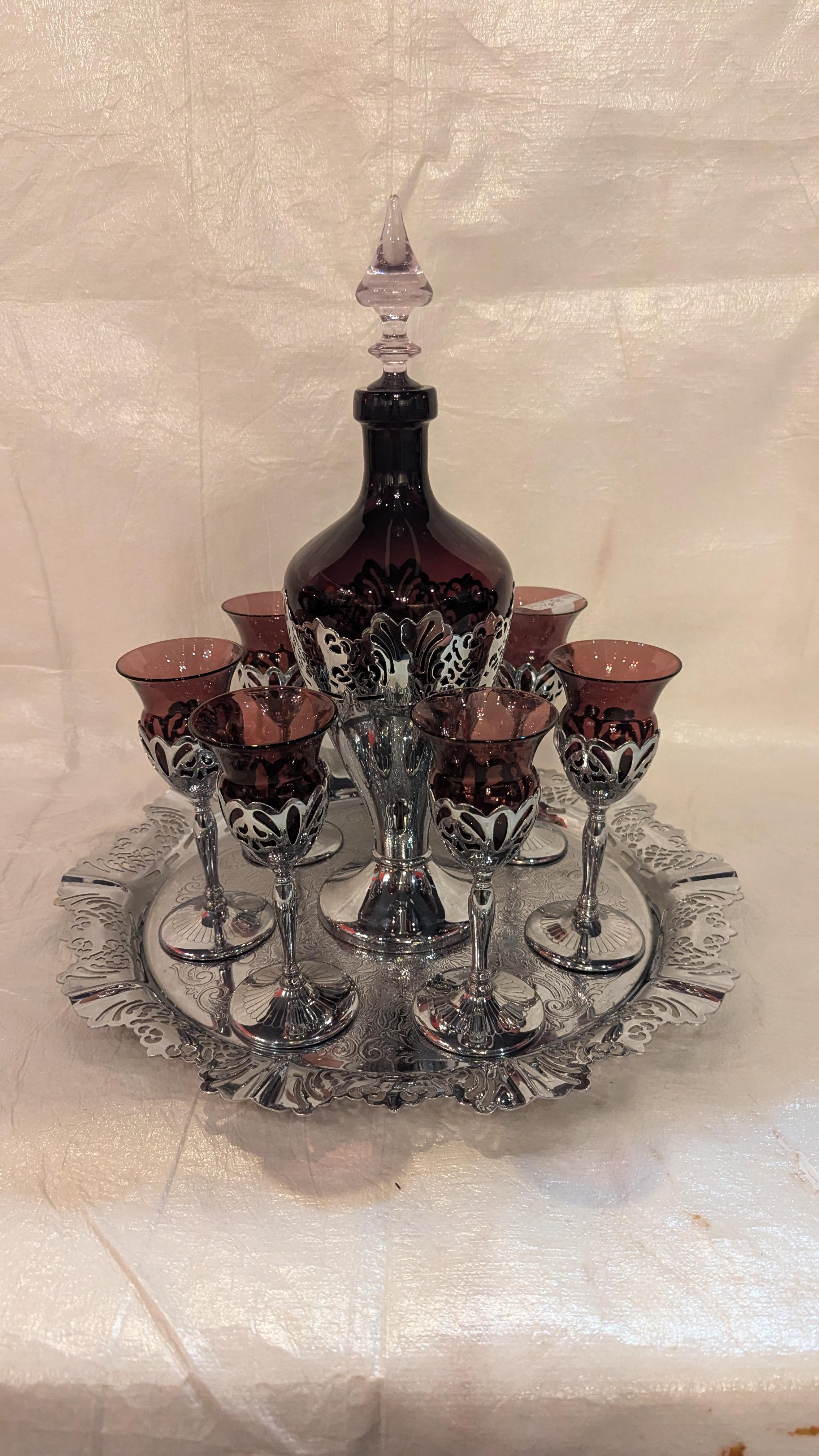 Art Deco Faberware and Cambridge Glass Decanter Set For Sale