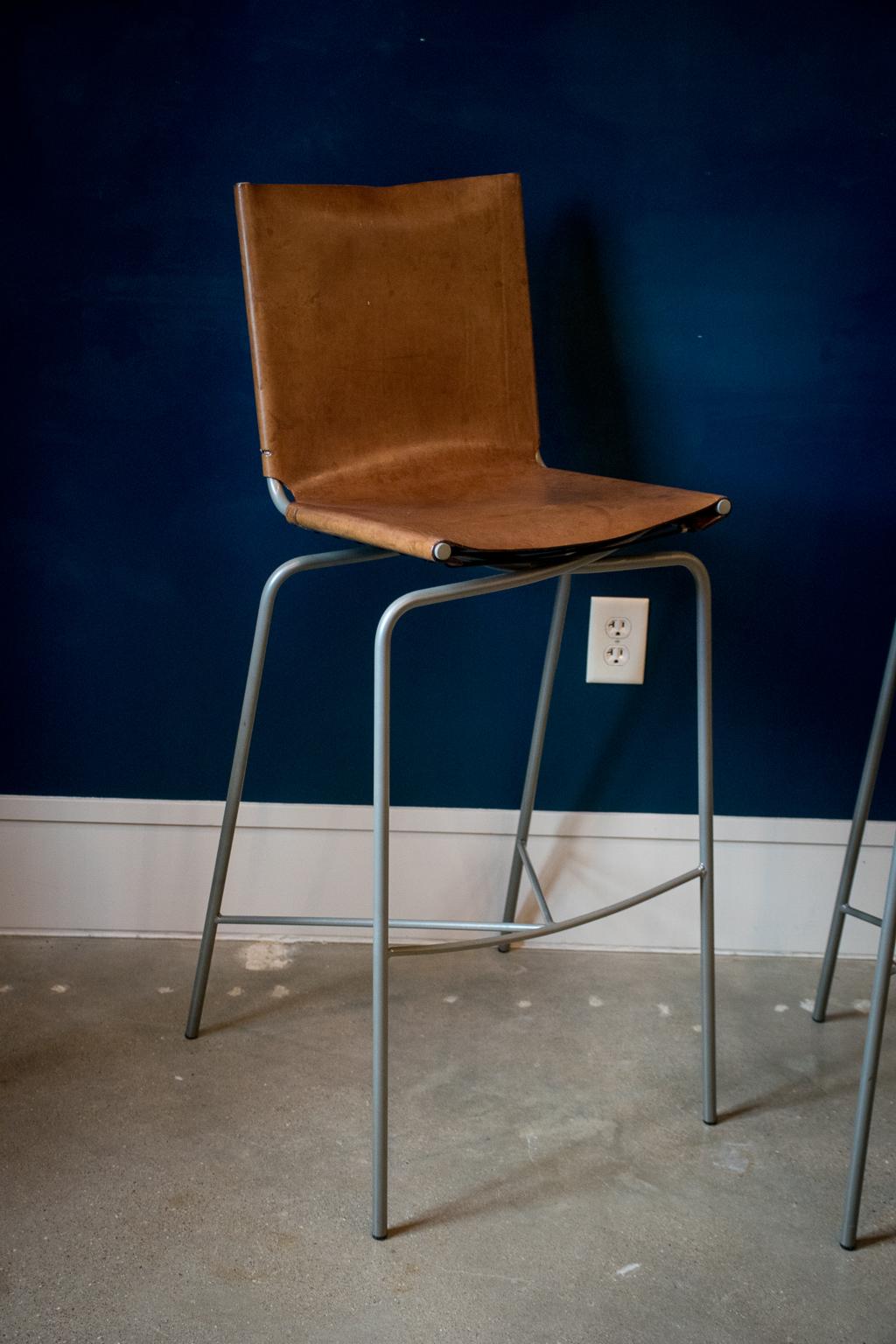 Fabiaan Van Severan Leather Bar Stools, Set of 3 In Good Condition In Austin, TX