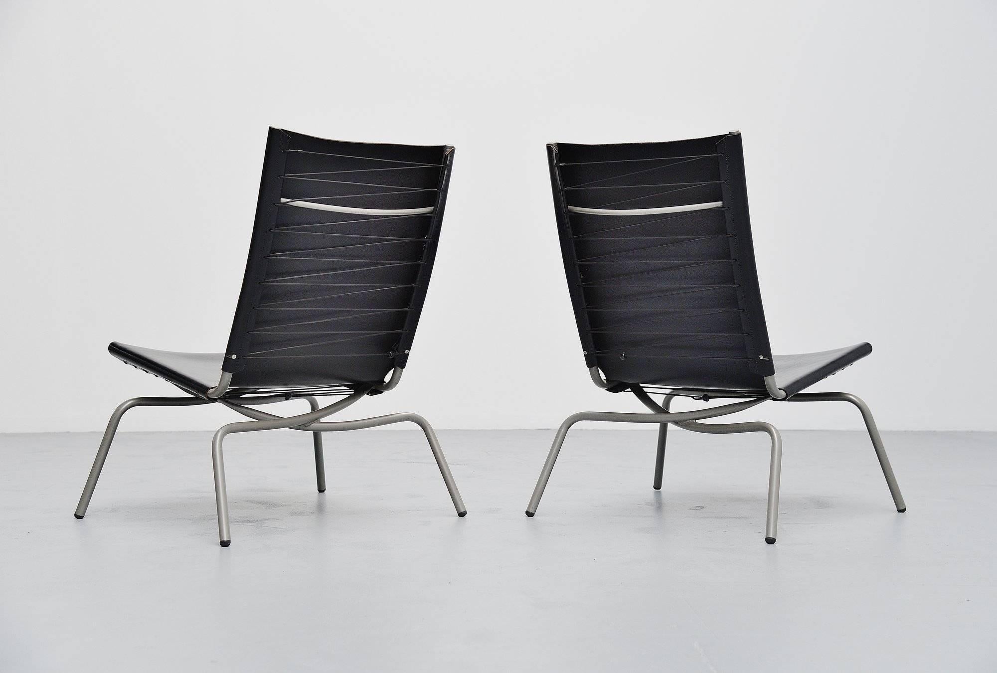 Very nice pair of the crossed legs chair designed by Fabiaan Van Severen in his own atelier, Belgium, 1998. These chairs were purchased directly from Fabiaan van Severen in 1999. The chairs have a grey coated metal tubular frames and very thick