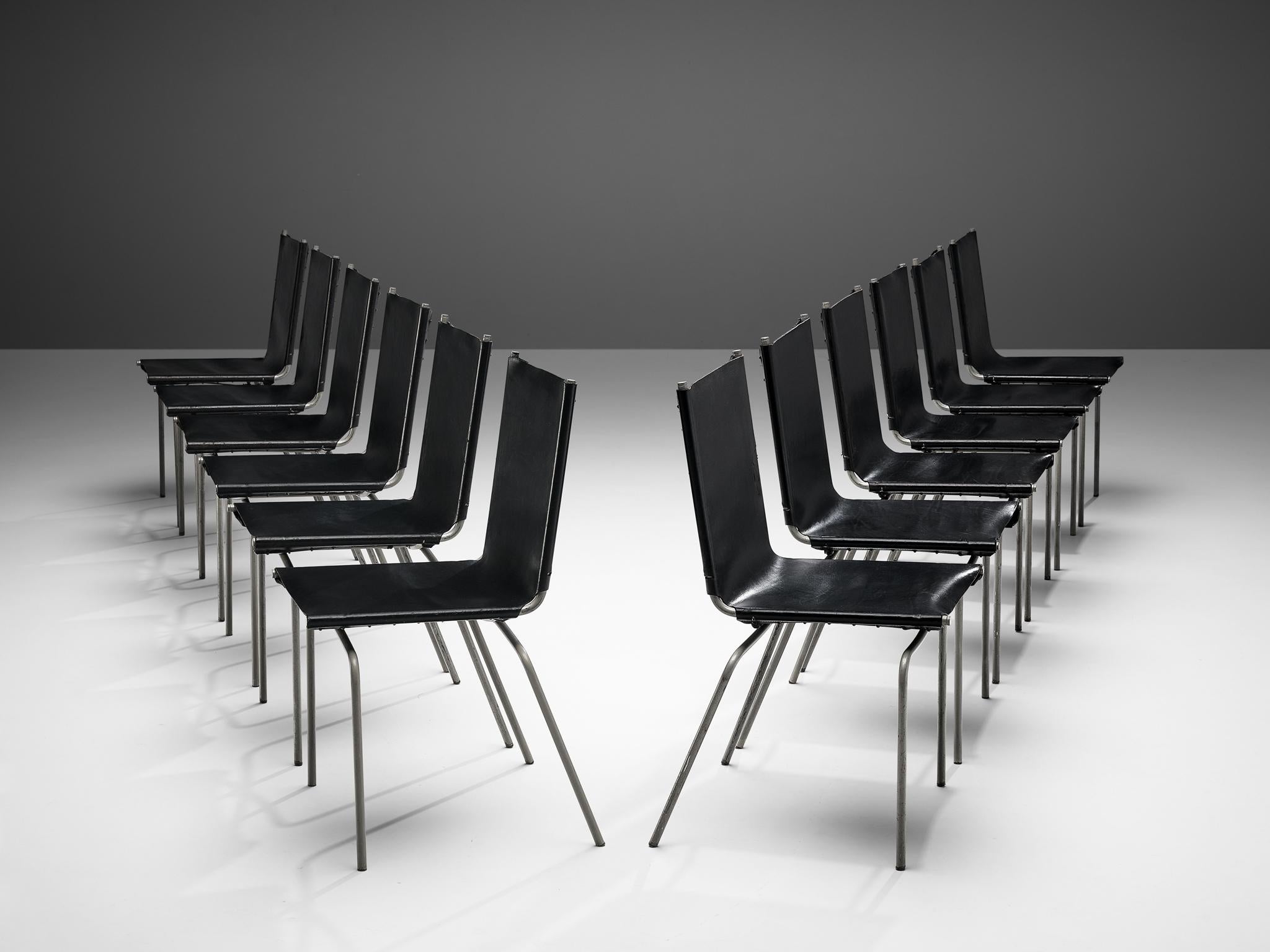 Fabiaan Van Severen, dining chairs, patinated black leather, tubular steel, lace, Belgium, 1997

Distinct chair by Belgium designer Fabiaan Van Severen. In 1997 van Severen created the chair that features a patinated leather seat and backrest