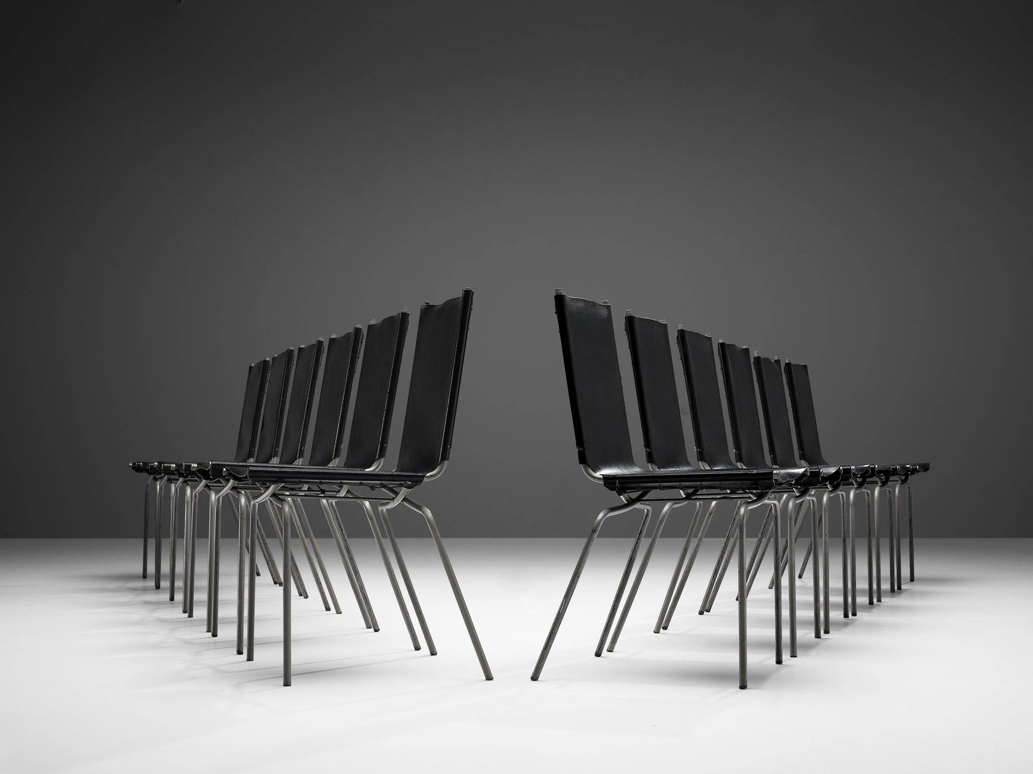 Belgian Fabiaan Van Severen Dining Chairs in Patinated Black Leather