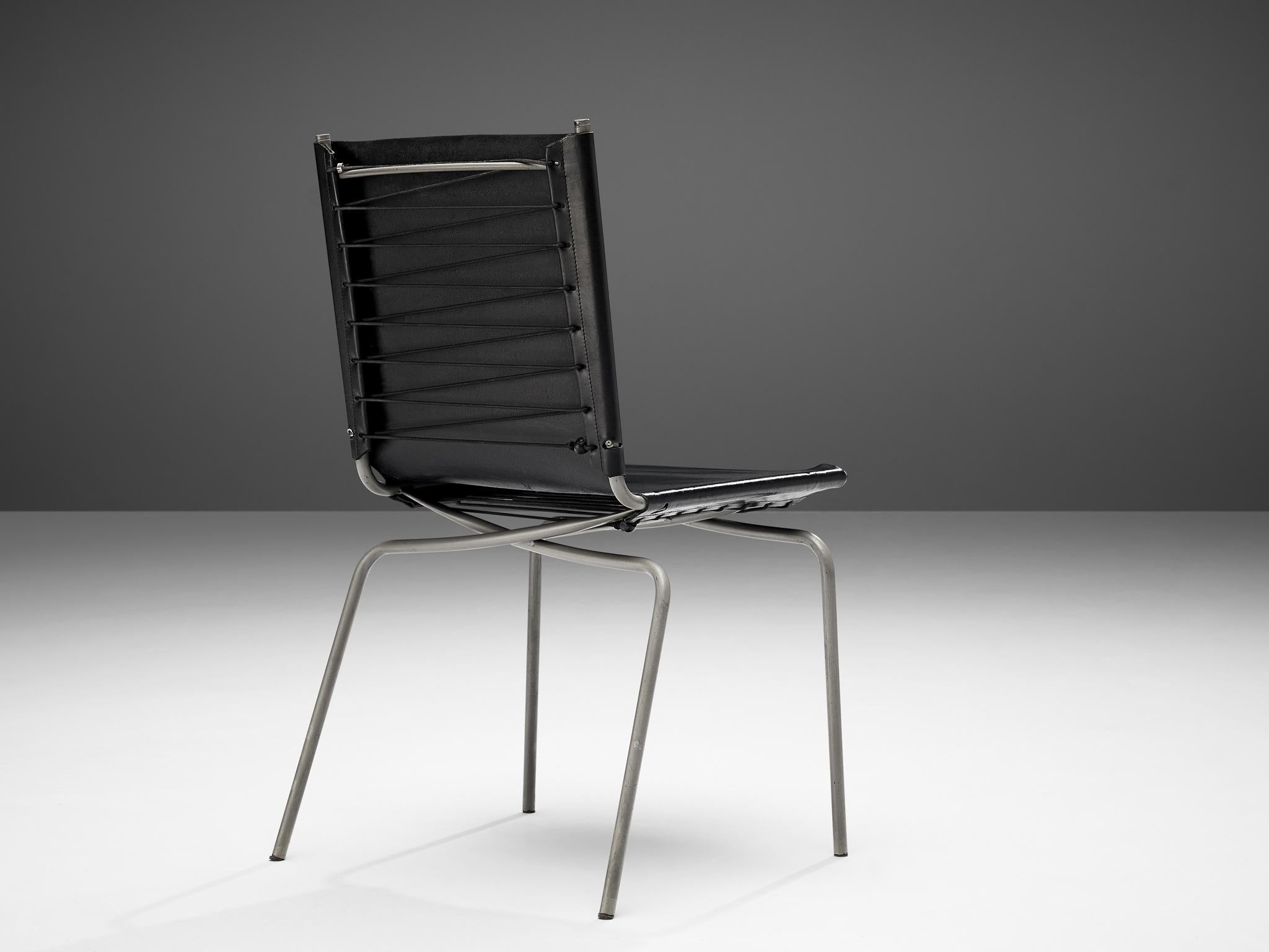 Steel Fabiaan Van Severen Dining Chairs in Patinated Black Leather