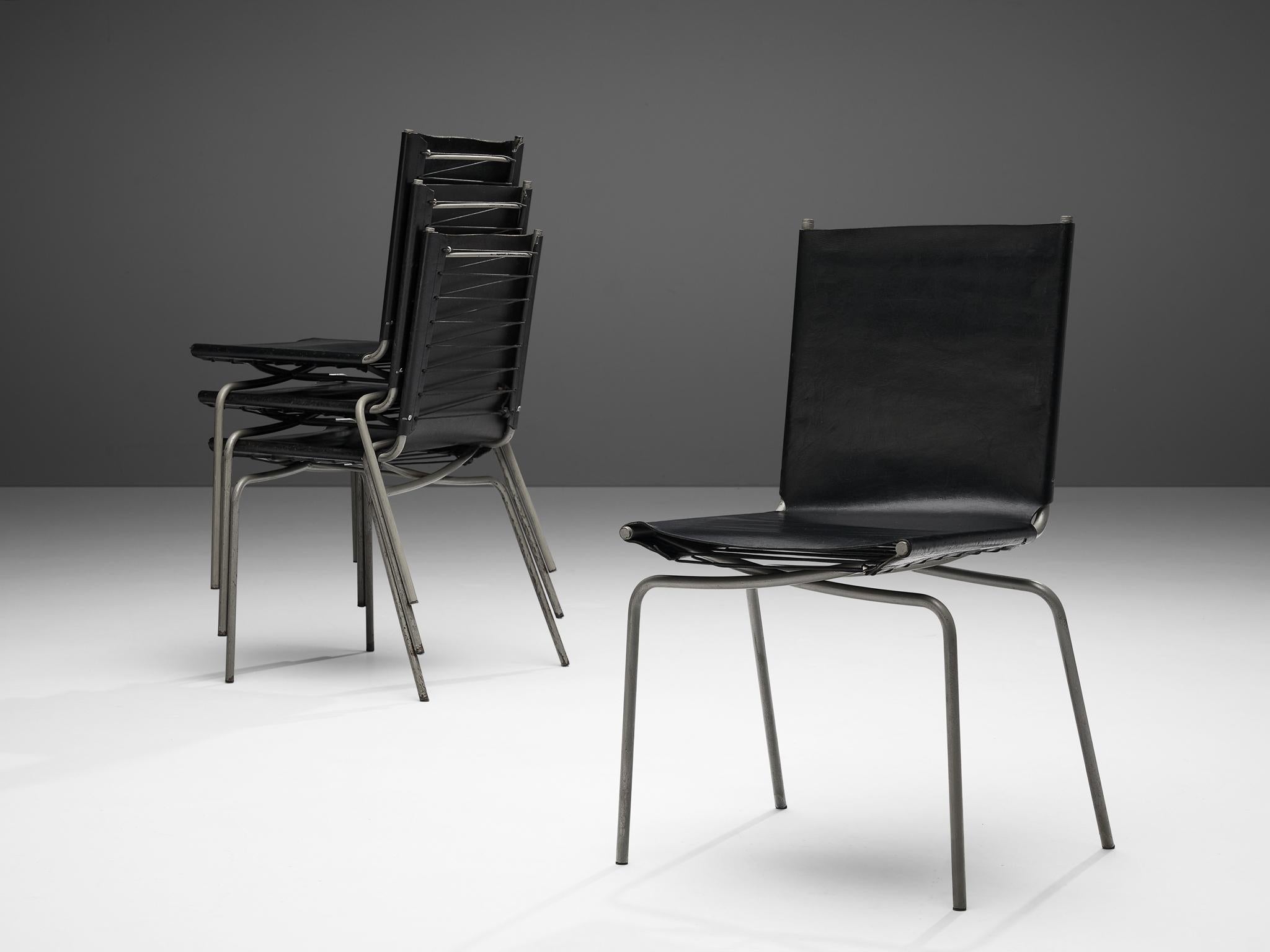 Steel Fabiaan Van Severen Set of Dining Chairs in Black Leather For Sale