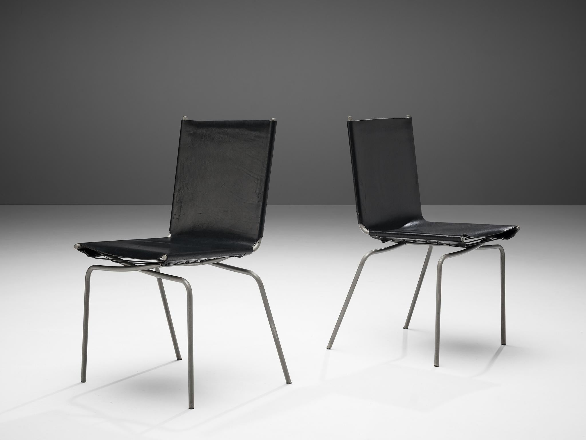 Steel Fabiaan Van Severen Set of Dining Chairs in Black Leather For Sale