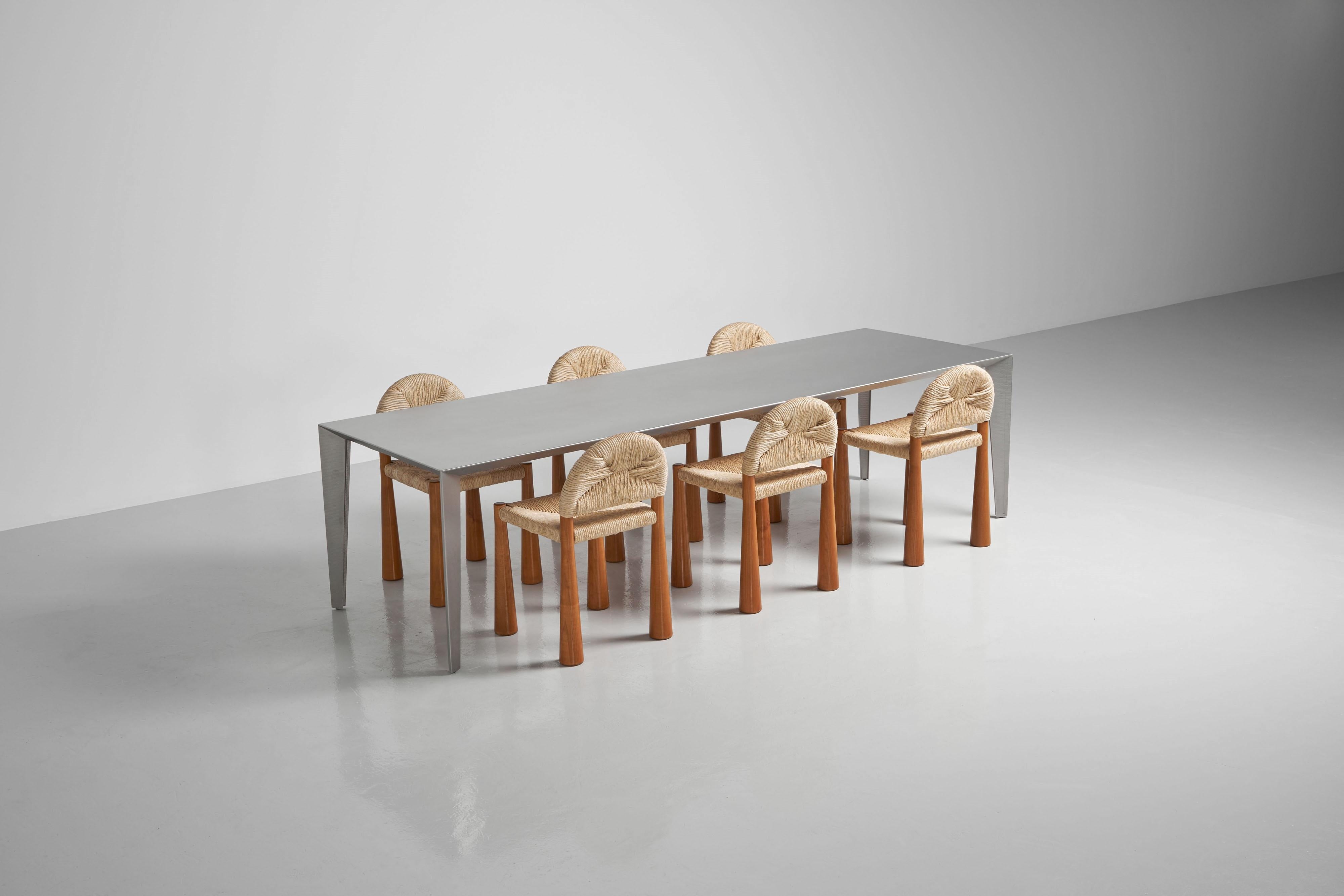 Rare contemporary dining table designed by Fabiaan van Severen and manufactured in his own workshop in Belgium, 1995. This table is from the fold and profile series which existed in different sizes. It was made of microspheres blasted stainless
