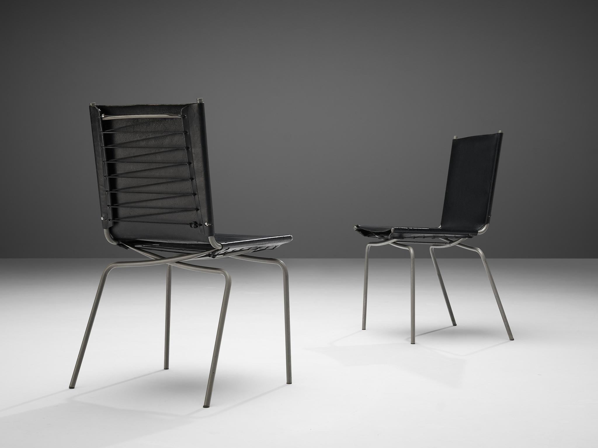 Steel Fabiaan Van Severen Pair of Dining Chairs in Black Leather For Sale