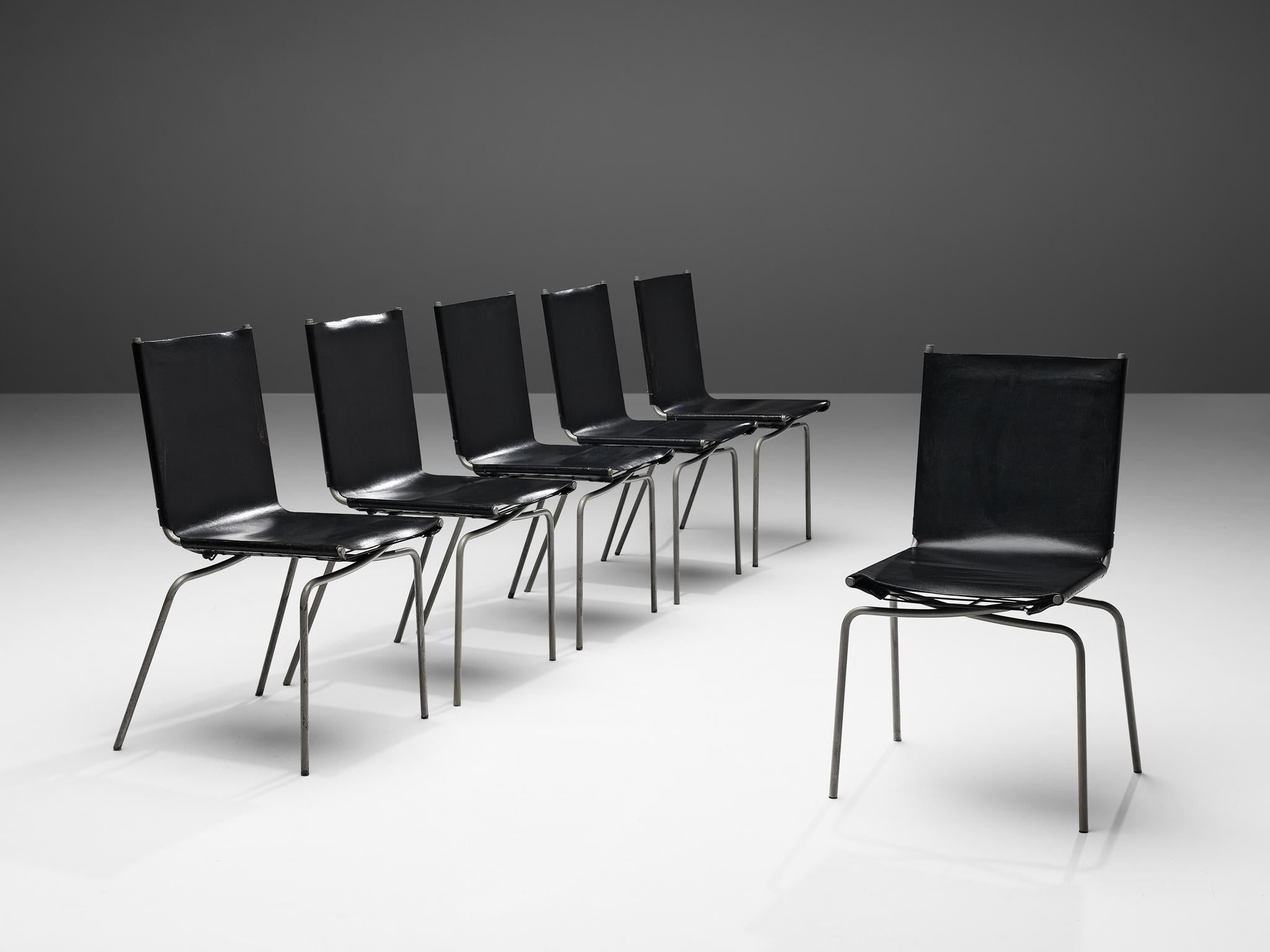 Fabiaan Van Severen, dining chairs, black leather, tubular steel, lace, Belgium, 1997

Distinct set of dining chairs by Belgium designer Fabiaan Van Severen. Created in 1997, this design features a patinated leather seat and backrest which is