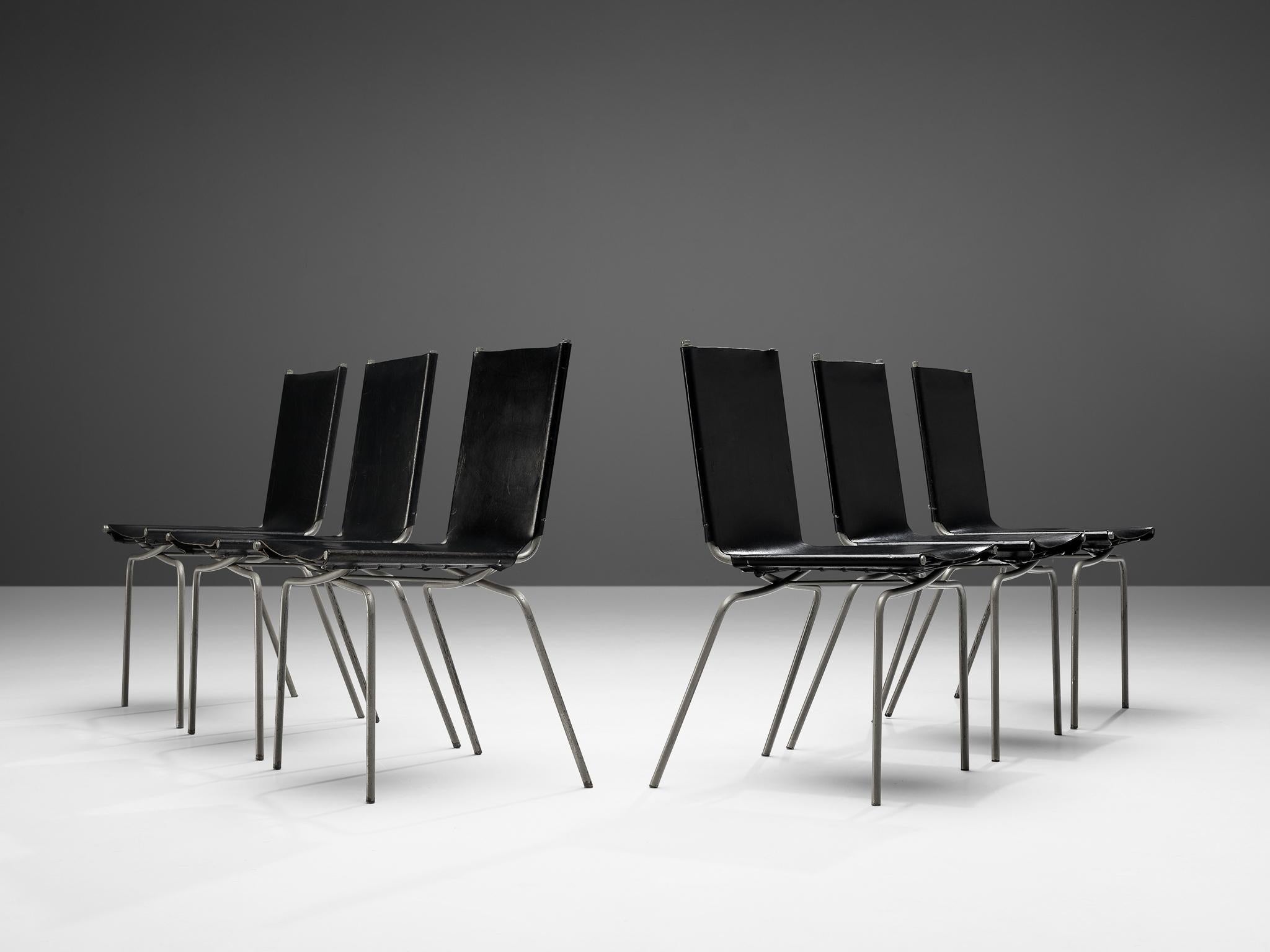 Belgian Fabiaan Van Severen Set of Dining Chairs in Patinated Black Leather