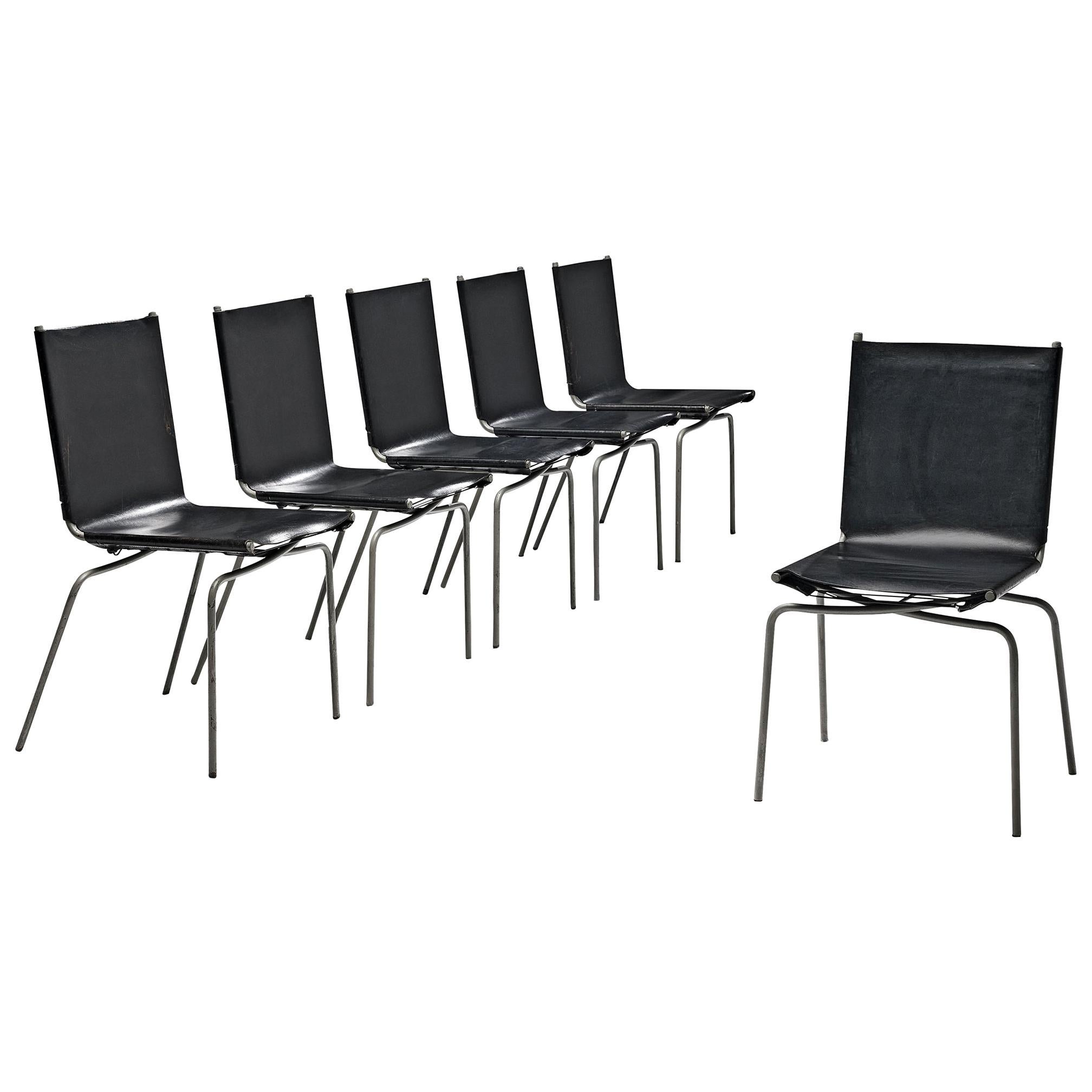 Fabiaan Van Severen Set of Dining Chairs in Patinated Black Leather
