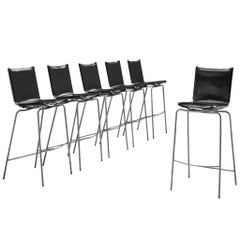 Fabiaan Van Severen Set of Six Bar Stools in Patinated Black Leather