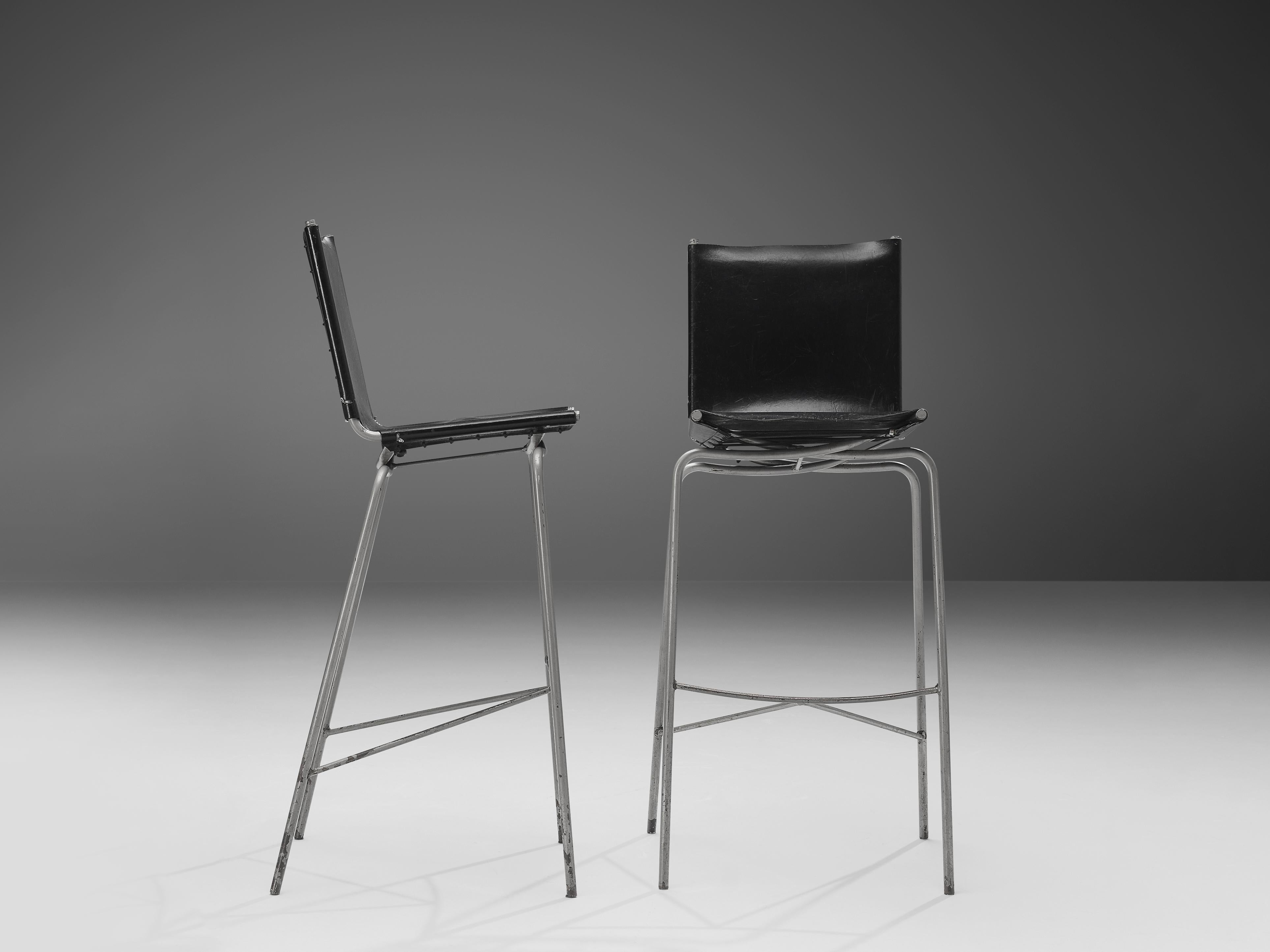 Fabiaan Van Severen, two bar stools, patinated black leather, tubular steel, lace, Belgium, 1997

Distinct bar stool by Belgium designer Fabiaan Van Severen. In 1997 van Severen created the design that features a patinated leather seat and backrest