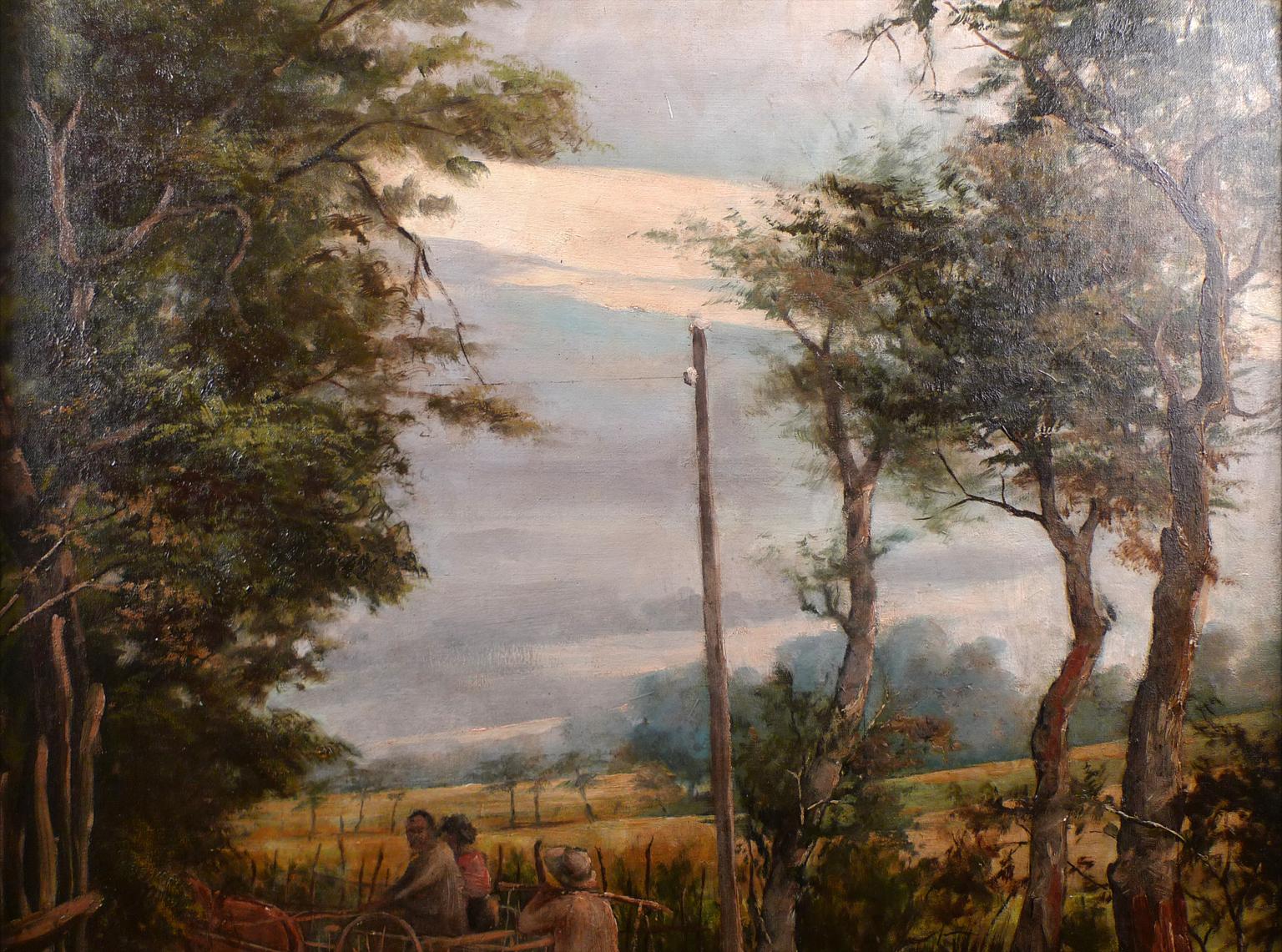 „Filipino Farm Workers in Horse Carriage“, Ölgemälde auf Leinwand von F. de la Rosa, 19. Jahrhundert (Schwarz), Landscape Painting, von Fabian de la Rosa
