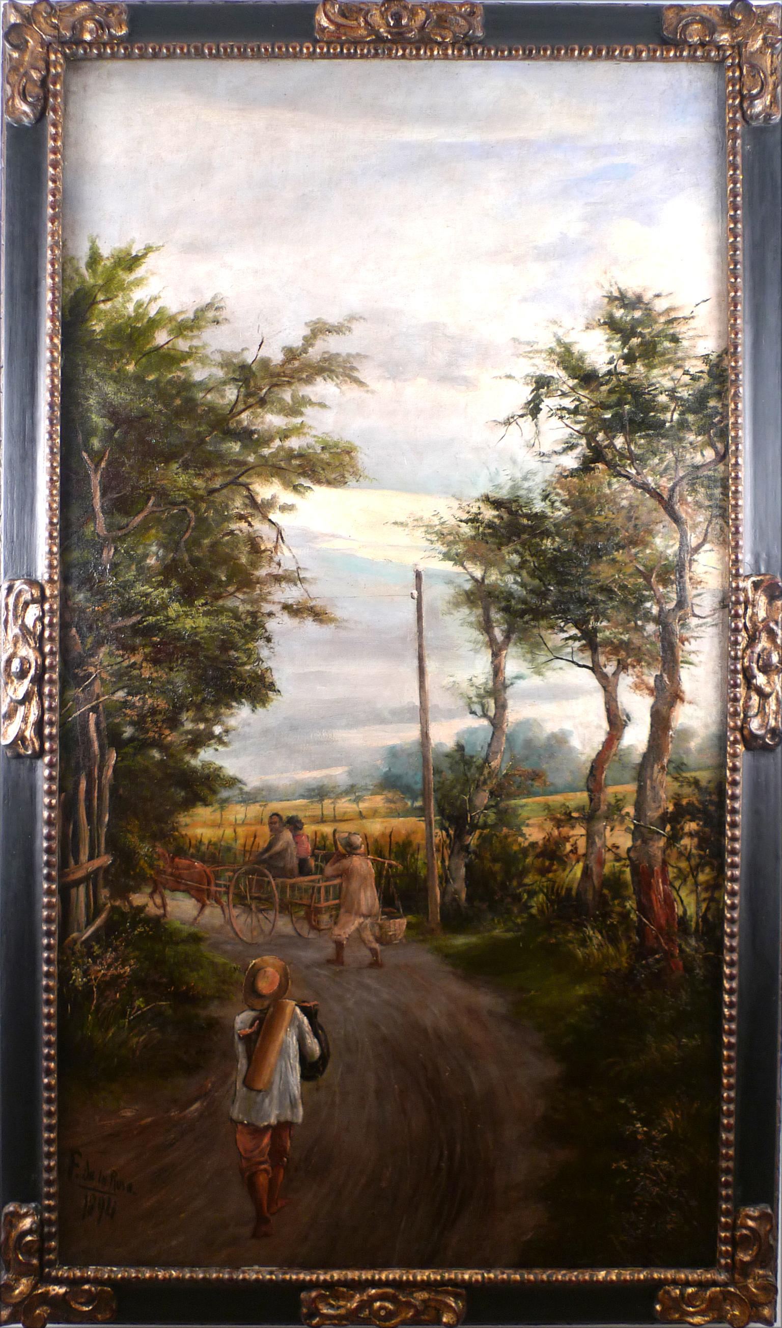 Fabian de la Rosa Landscape Painting - "Filipino Farm Workers in Horse Carriage" 19th C. Oil on Canvas by F. de la Rosa