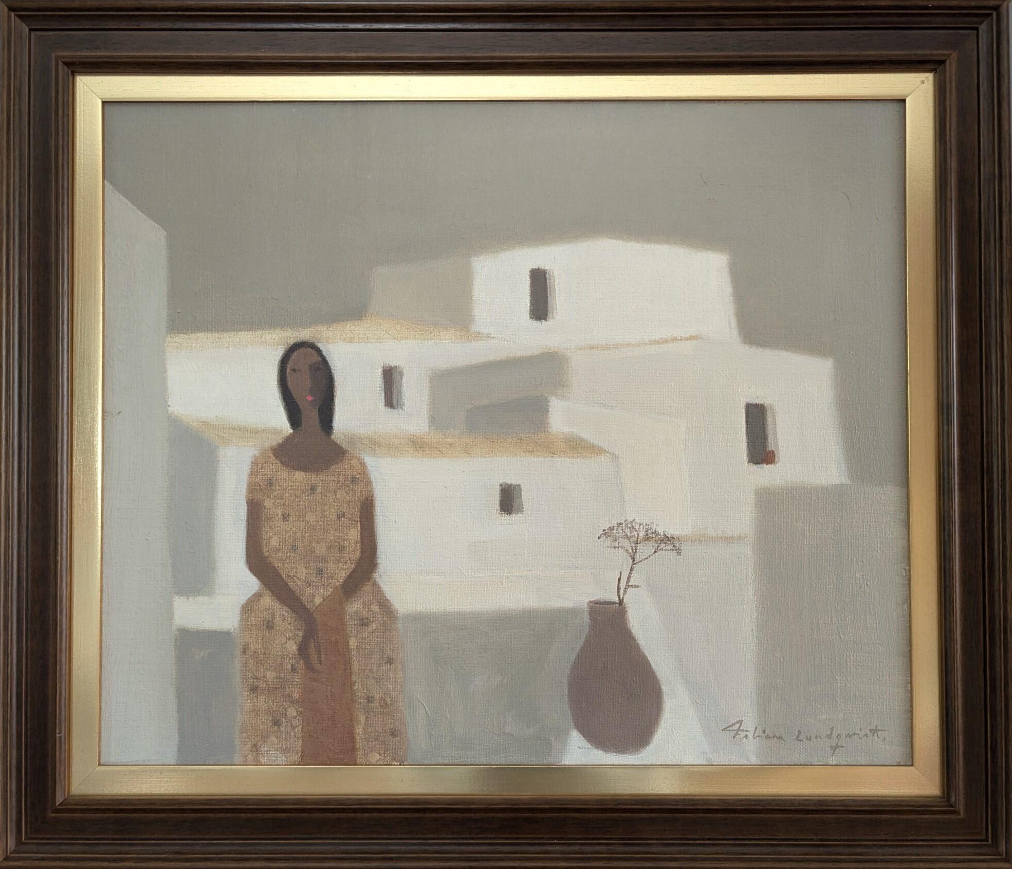 AM BALKONGELÄNDER
Größe: 48 x 56 cm (einschließlich Rahmen)
Öl auf Leinwand

Ein beruhigendes und erholsames Gemälde aus der Mitte des Jahrhunderts, ausgeführt in Öl auf Leinwand von dem bekannten schwedischen Künstler Fabian Lundqvist (1913-1989),