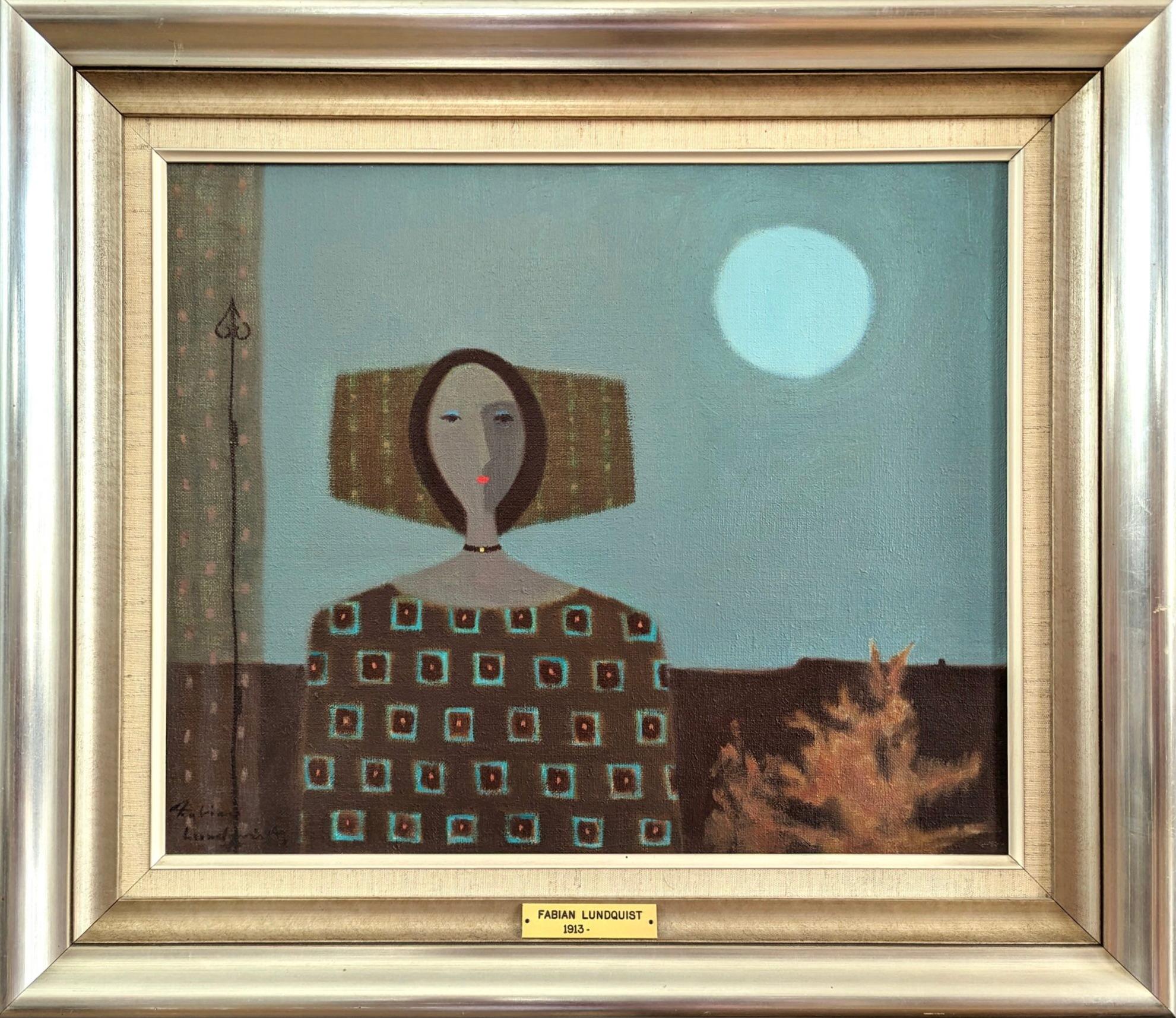 PORTRAIT BY MOONLIGHT
Size: 53.5 x 61.5cm (including frame)
Oil on Canvas

A brilliant mid-century figurative composition, executed in oil onto canvas by the established Swedish artist Fabian Lundqvist (1913-1989), whose works have been represented
