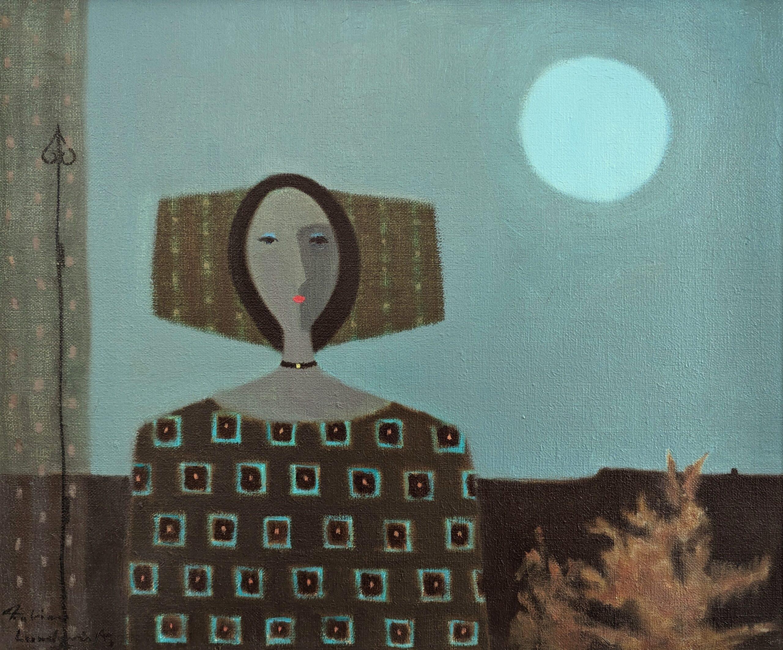 Mid-Century Modern Figurative Oil Painting, Fabian Lundqvist -Moonlight Portrait 9