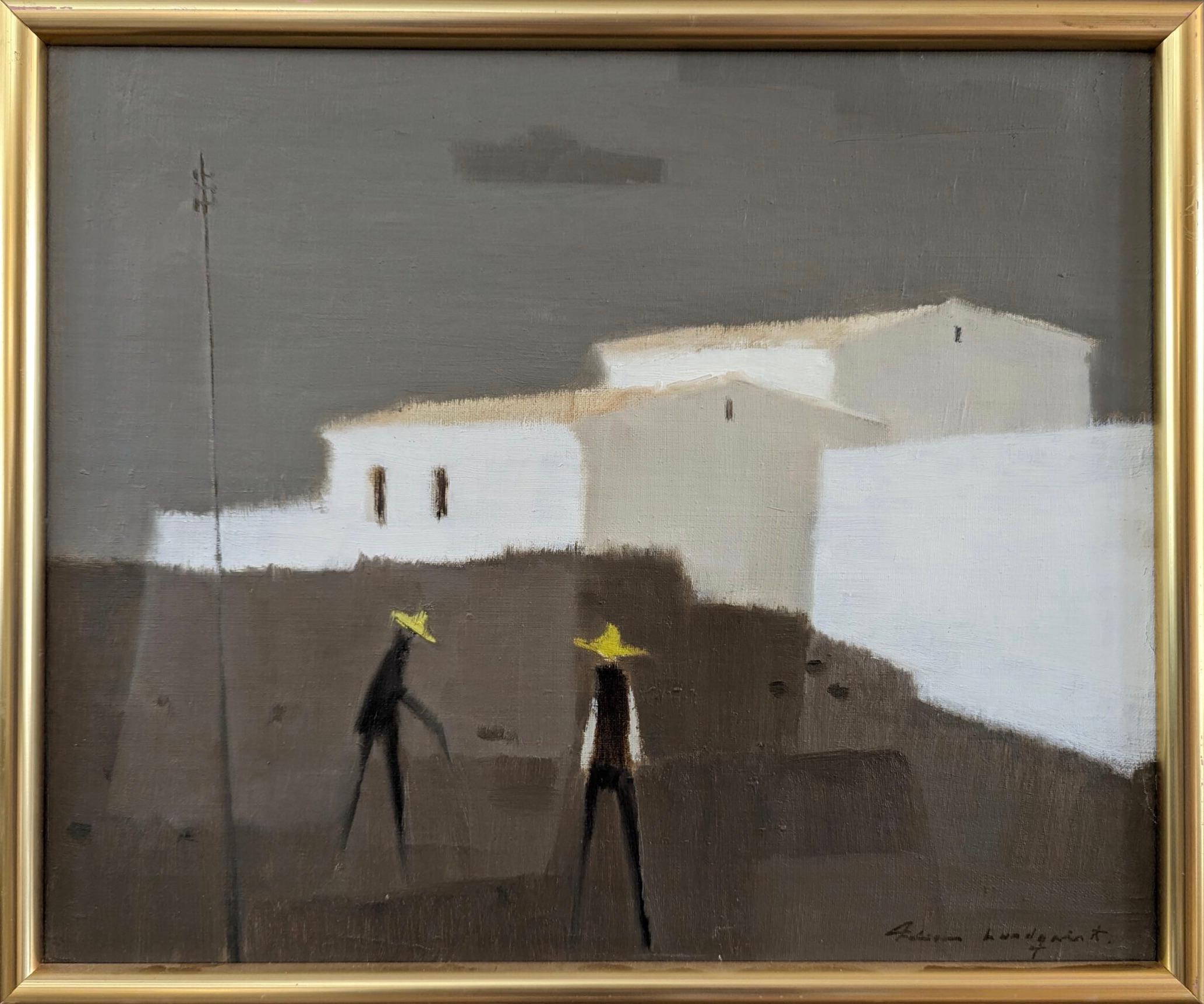 SOUTHERN FARMERS 
Size: 41 x 49 cm (including frame)
Oil on Canvas

A subdued and soothing mid-century modernist style composition, executed in oil onto canvas by the established Swedish artist Fabian Lundqvist (1913-1989), whose works have been