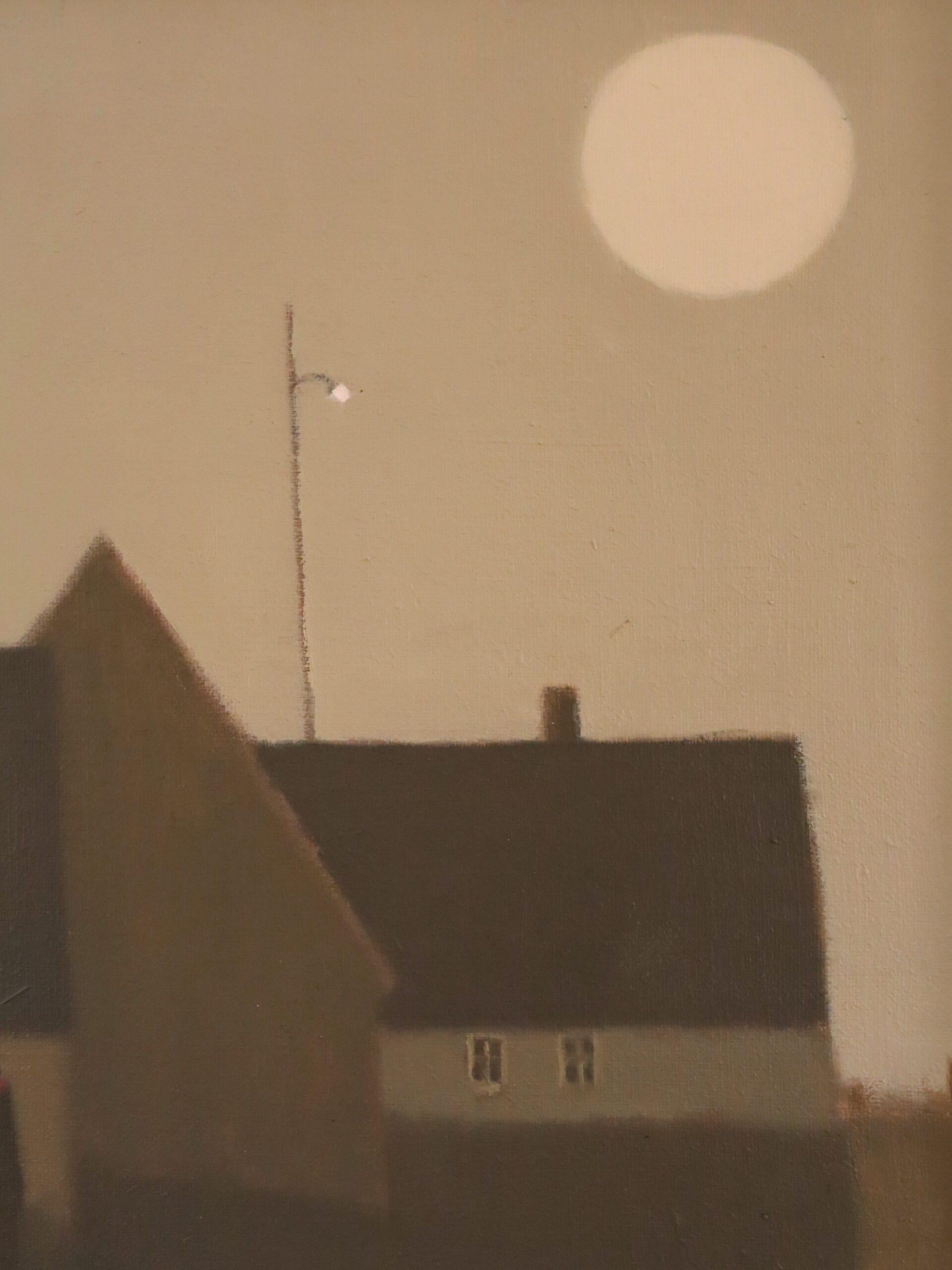 Mid Century Modern Original Swedish Street Scene Figure Oil Painting - Moonrise For Sale 7