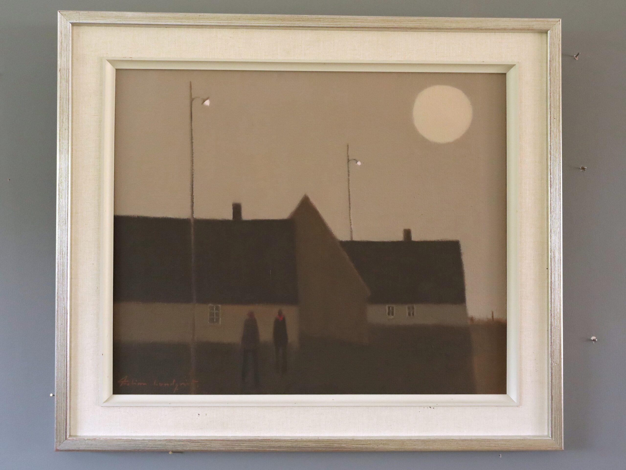 Mid Century Modern Original Swedish Street Scene Figure Oil Painting - Moonrise - Brown Figurative Painting by Fabian Lundqvist