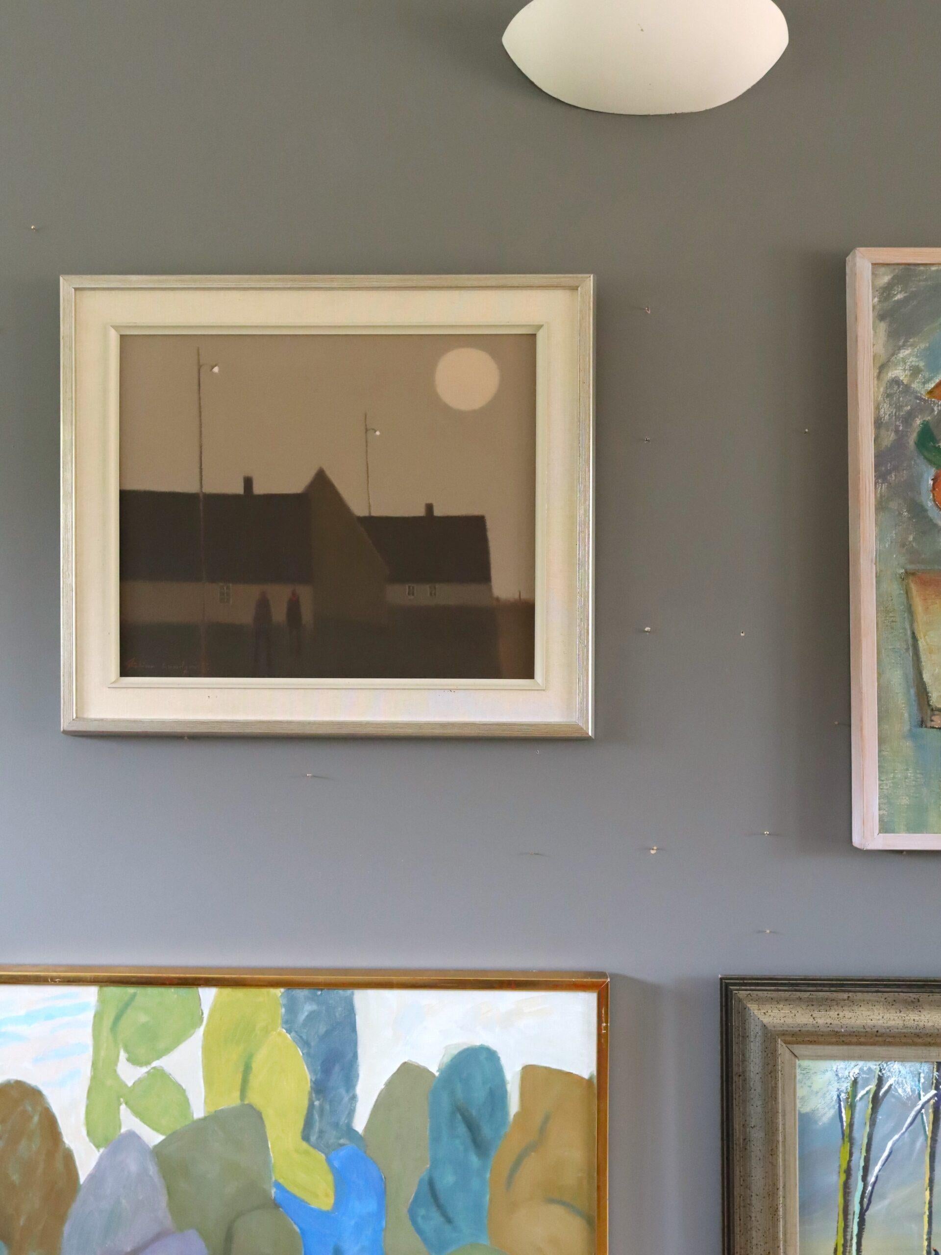 MOONRISE
Size: 50 x 57 cm (including frame)
Oil on canvas

A nostalgic and evocative mid-century modernist style composition, executed in oil onto canvas by the established Swedish artist Fabian Lundqvist (1913-1989), whose works have been