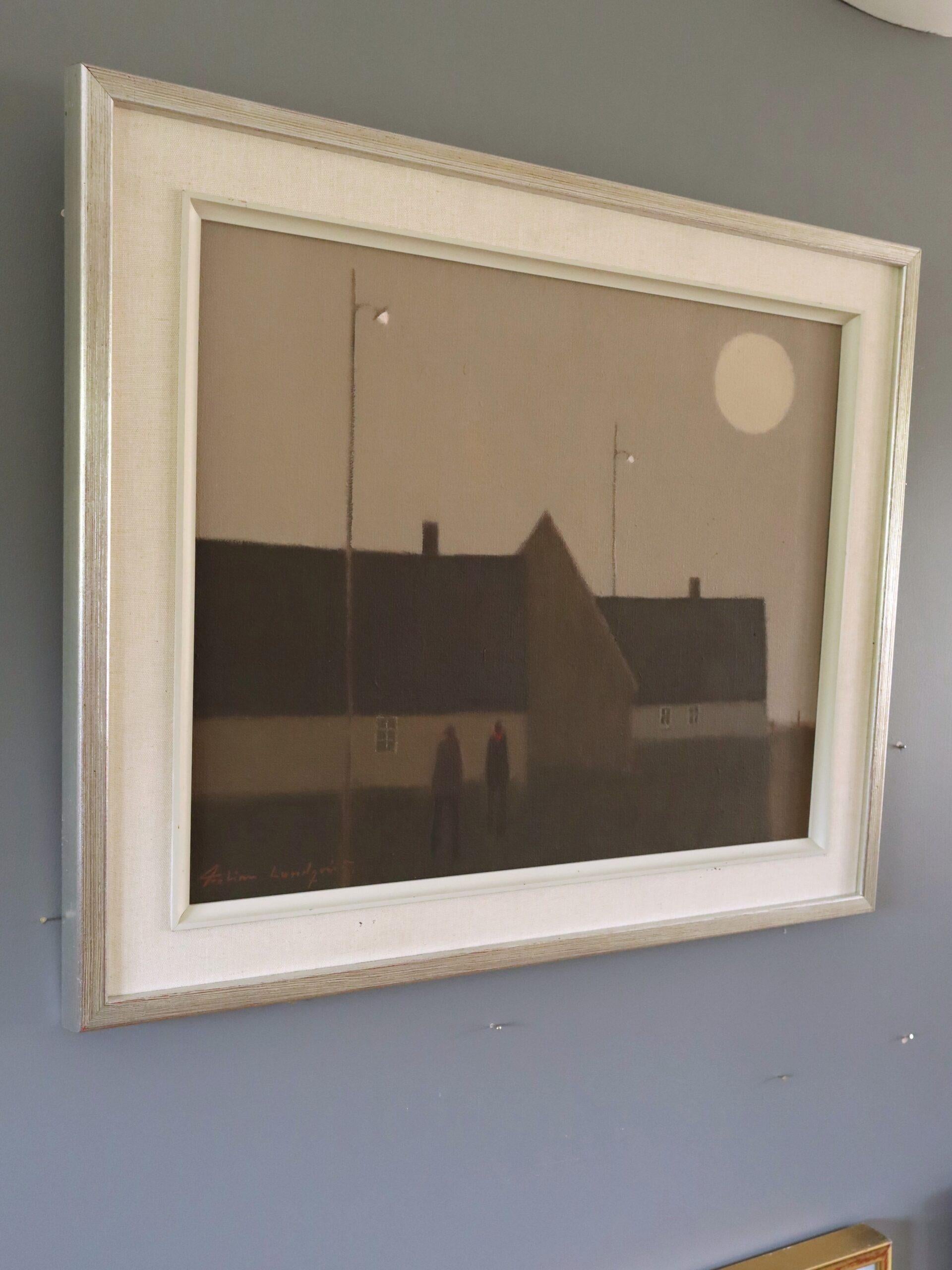 Mid Century Modern Original Swedish Street Scene Figure Oil Painting - Moonrise For Sale 1