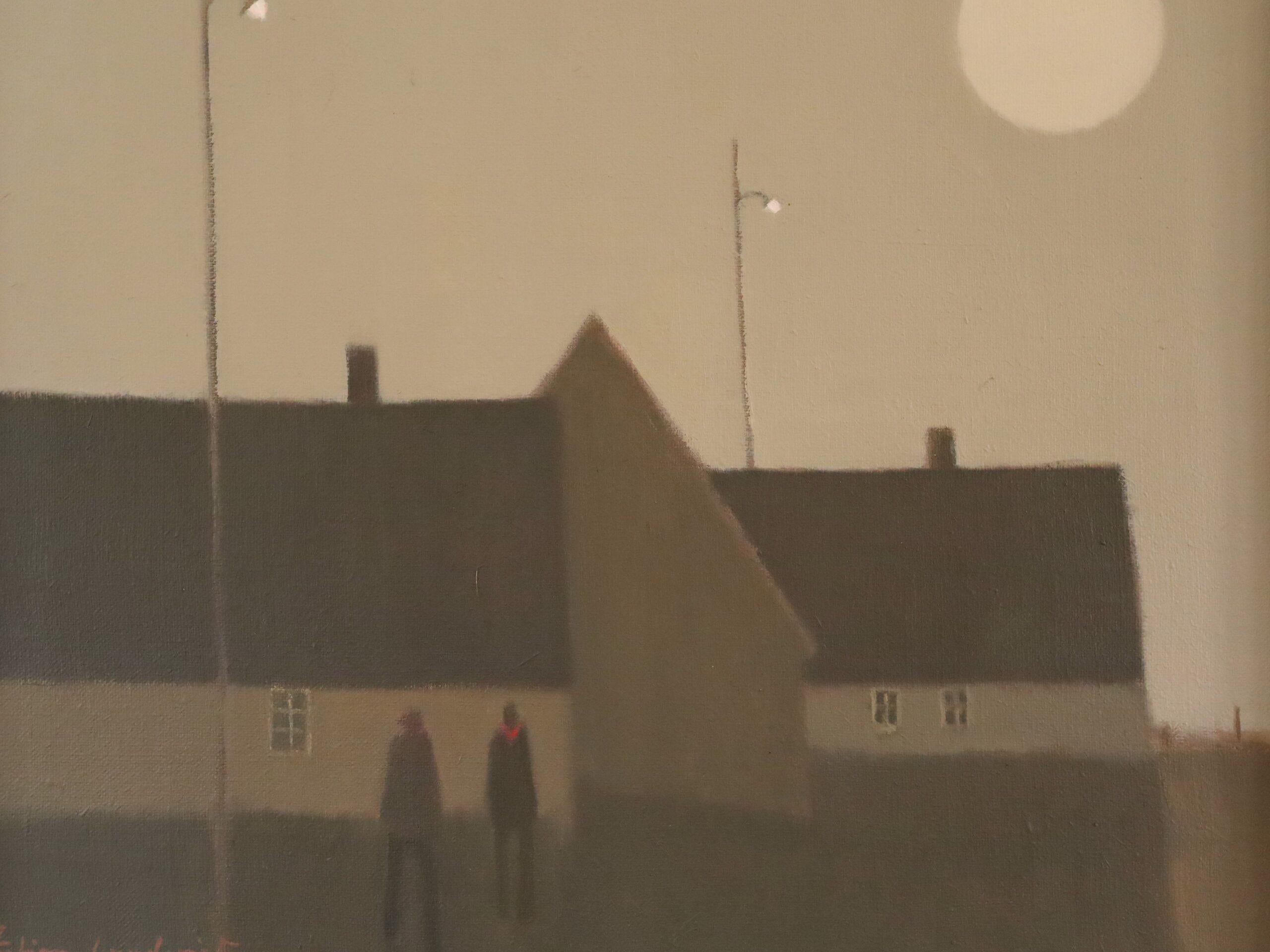 Mid Century Modern Original Swedish Street Scene Figure Oil Painting - Moonrise For Sale 5
