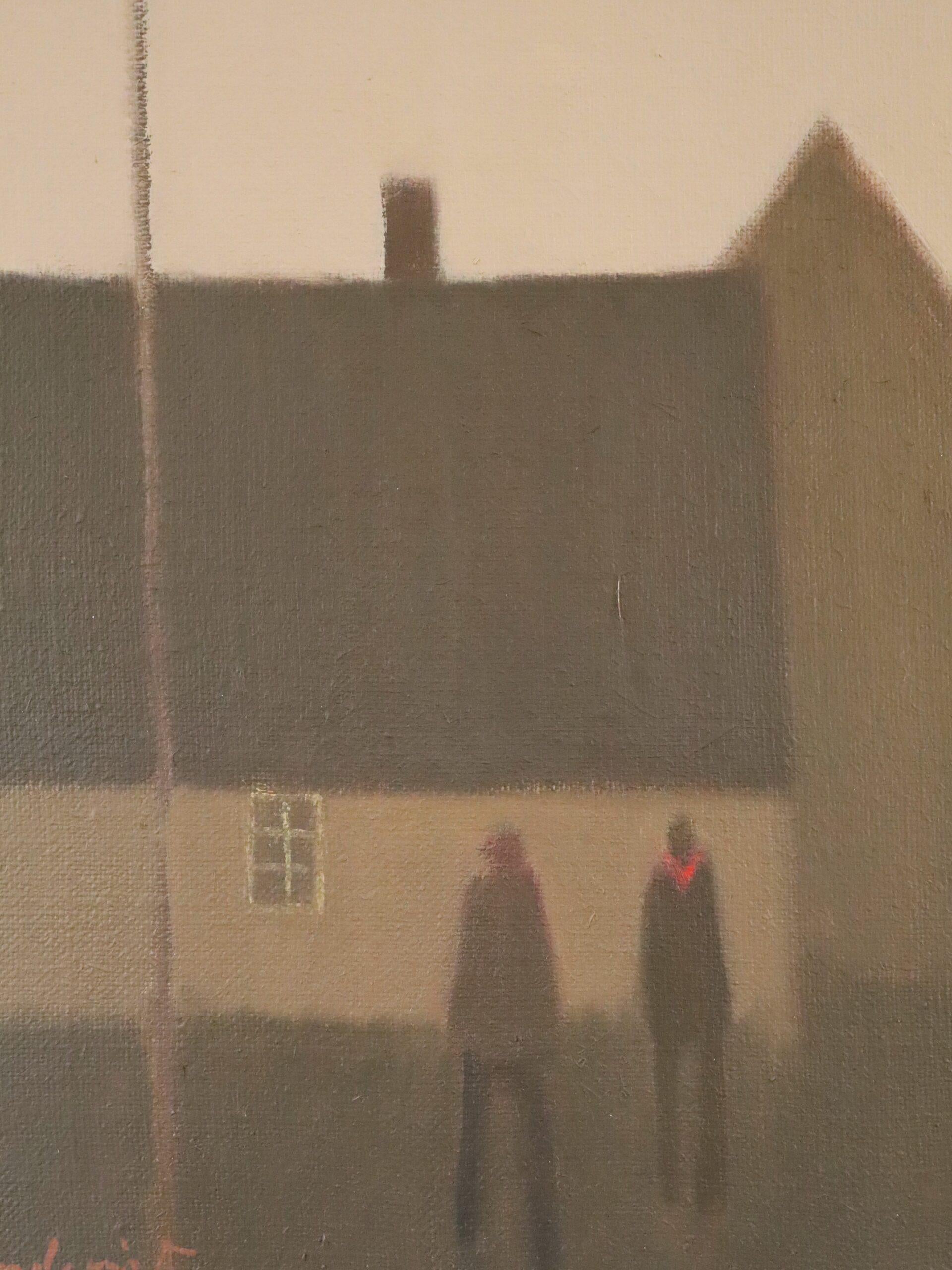 Mid Century Modern Original Swedish Street Scene Figure Oil Painting - Moonrise For Sale 6