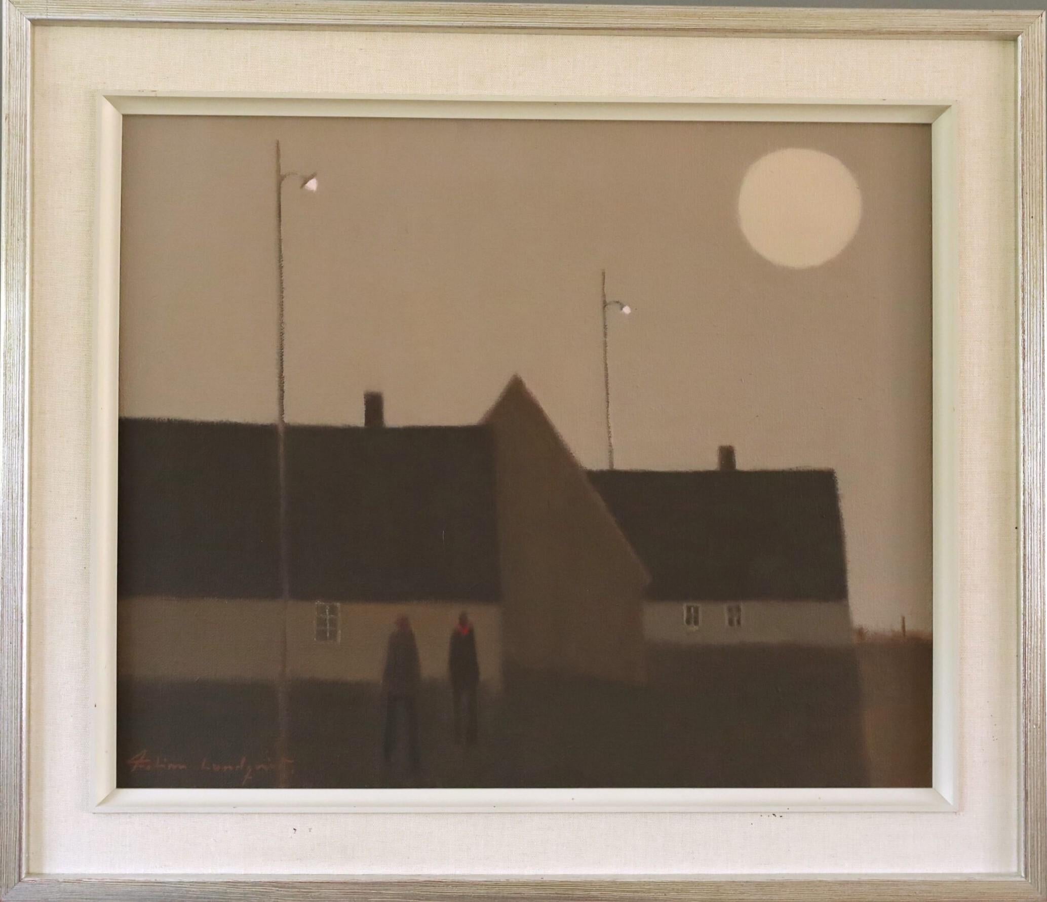 Fabian Lundqvist Figurative Painting - Mid Century Modern Original Swedish Street Scene Figure Oil Painting - Moonrise