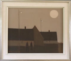 Mid Century Modern Original Swedish Street Scene Figure Oil Painting - Moonrise