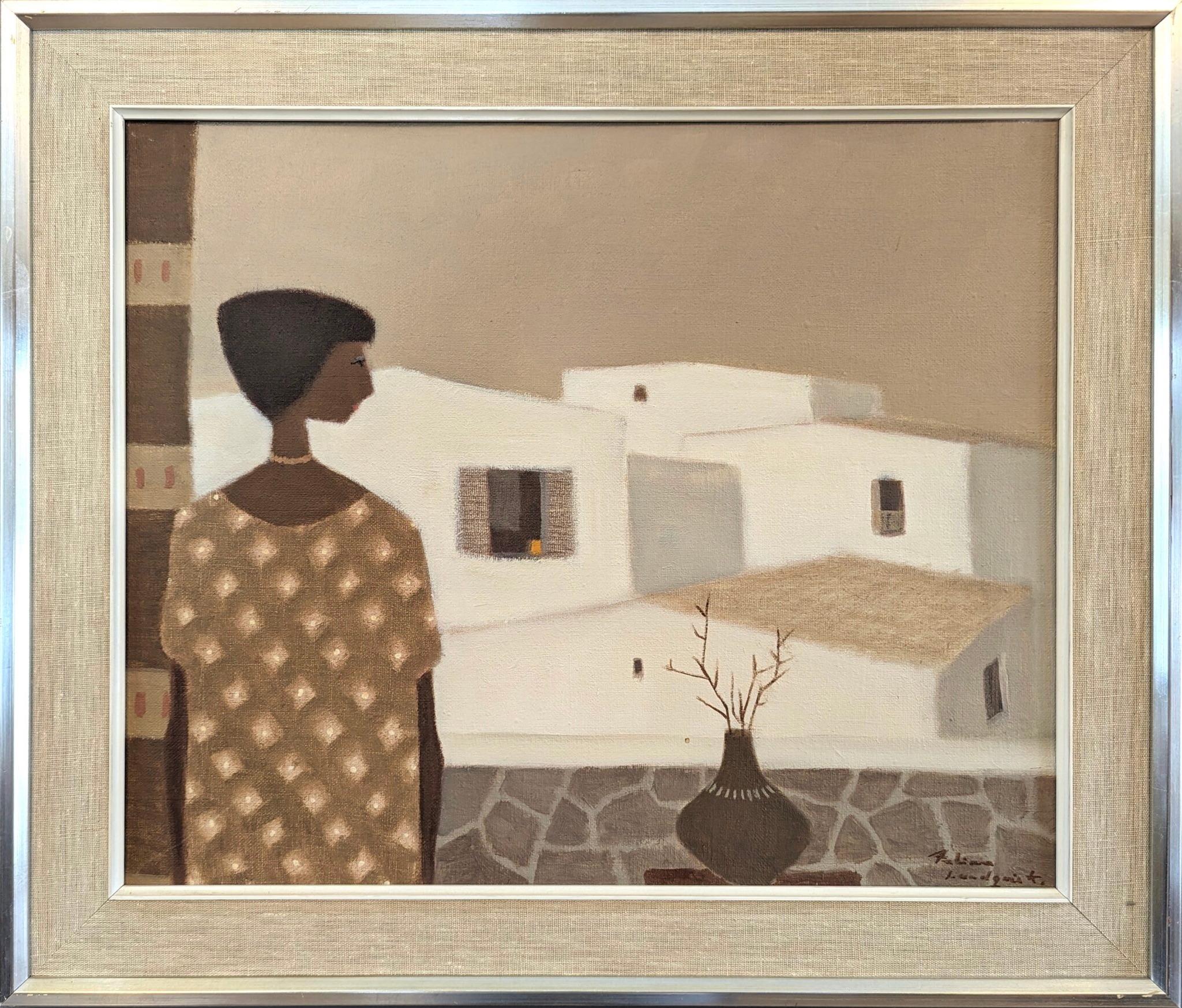 TERRACE SIGHTINGS 
Oil on Canvas
Size: 49 x 56.5 cm (including frame)

A soothing and restful mid-century modern painting, executed in oil onto canvas by the established Swedish artist Fabian Lundqvist (1913-1989), whose works have been represented