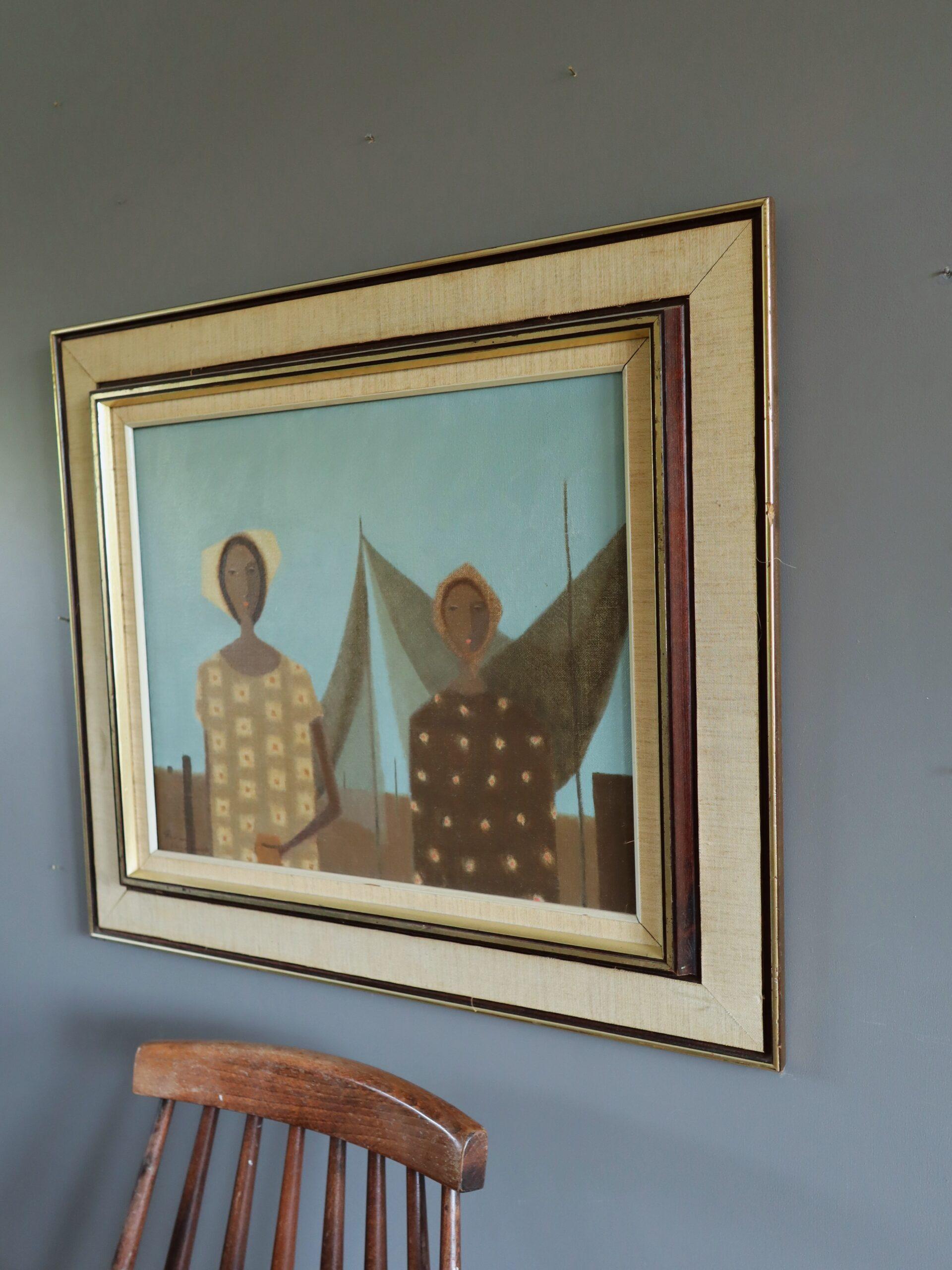 FIGURE IN UNA LUCE FISSA 
Dimensioni: 56 x 64 cm (cornice inclusa)
Olio su tela

Una composizione figurativa nostalgica e introspettiva in stile modernista di metà secolo, realizzata a olio su tela dall'affermato artista svedese Fabian Lundqvist