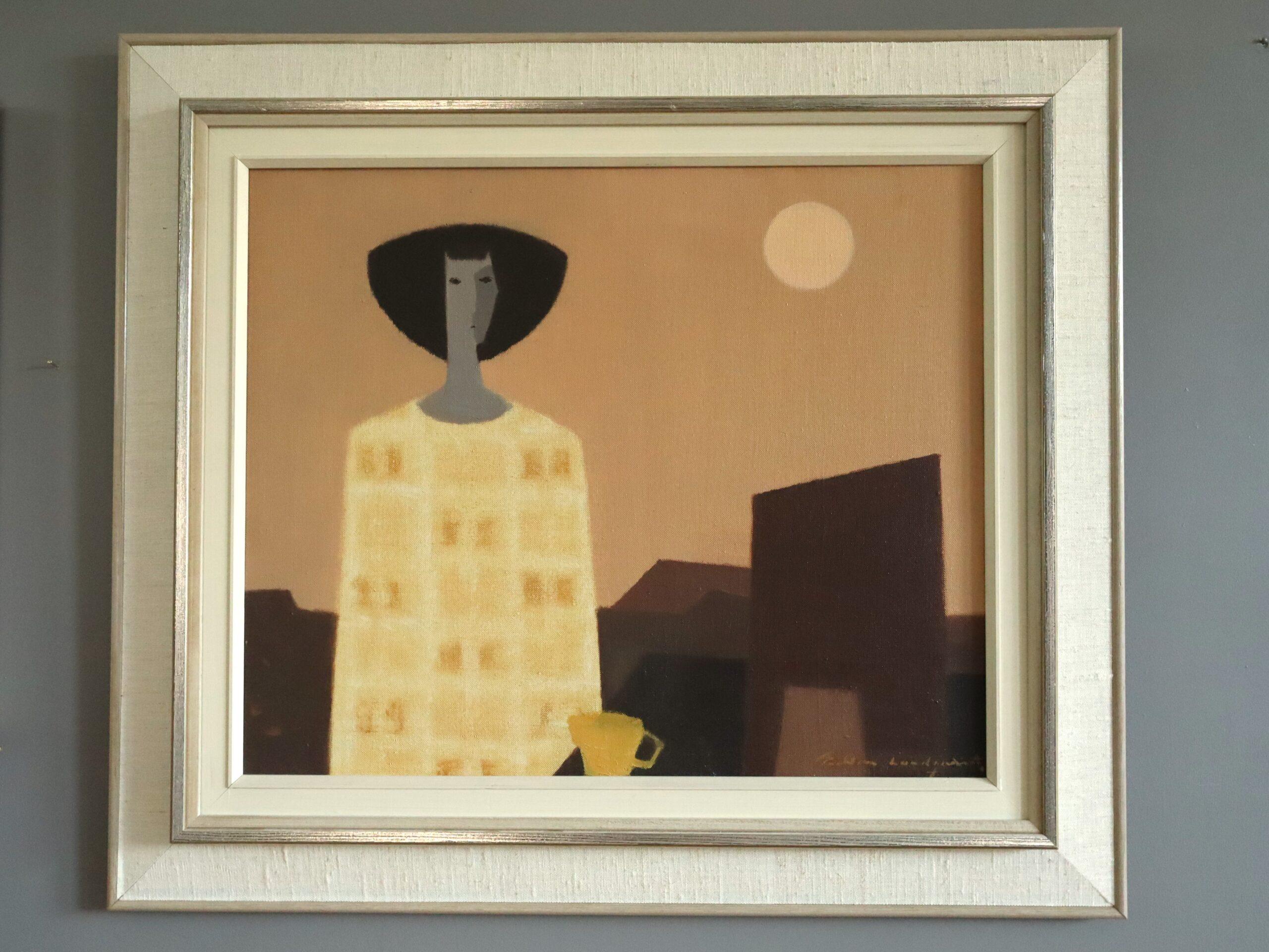 MOONRISE WITH YELLOW CUP
Size: 54.5 x 62.5 cm (including frame)
Oil on canvas

A quiet and introspective mid-century modernist figurative painting, executed in oil onto canvas by the established Swedish artist Fabian Lundqvist (1913-1989), whose