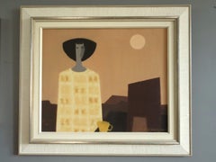 Mid Century Modern Swedish Figurative Oil Painting - Moonrise with Yellow Cup