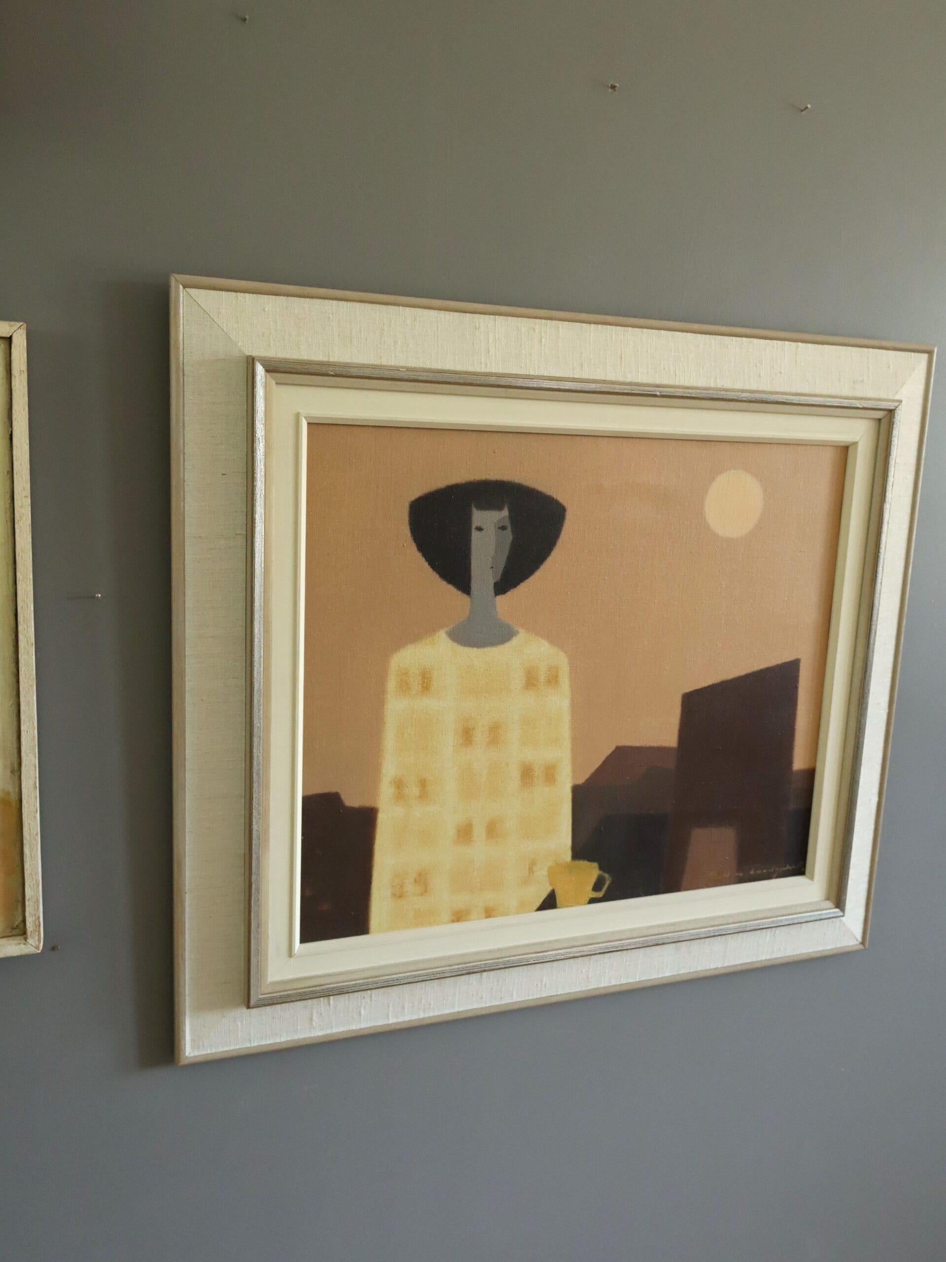 Mid Century Modern Swedish Figurative Oil Painting - Moonrise with Yellow Cup For Sale 1