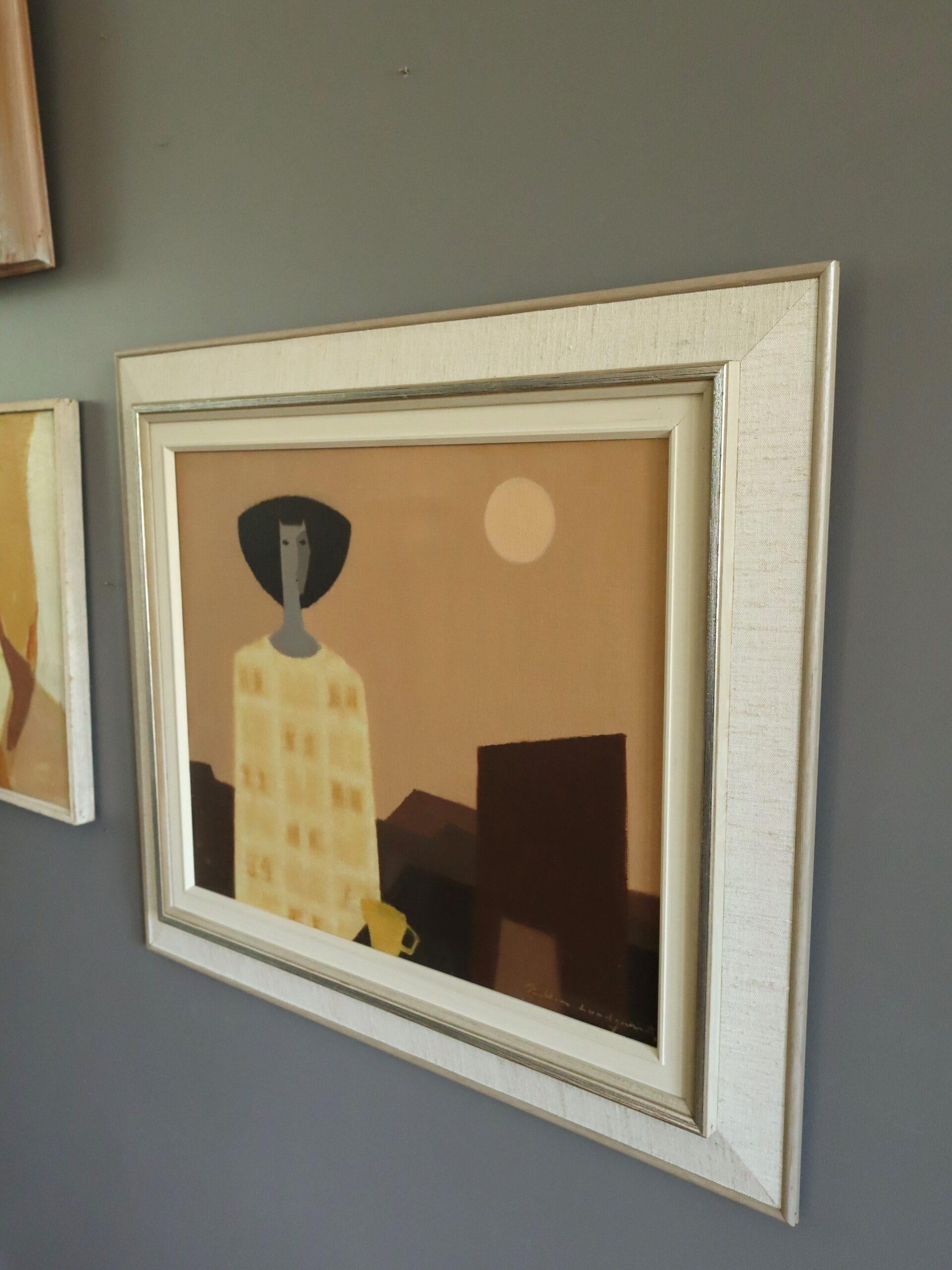 Mid Century Modern Swedish Figurative Oil Painting - Moonrise with Yellow Cup For Sale 2
