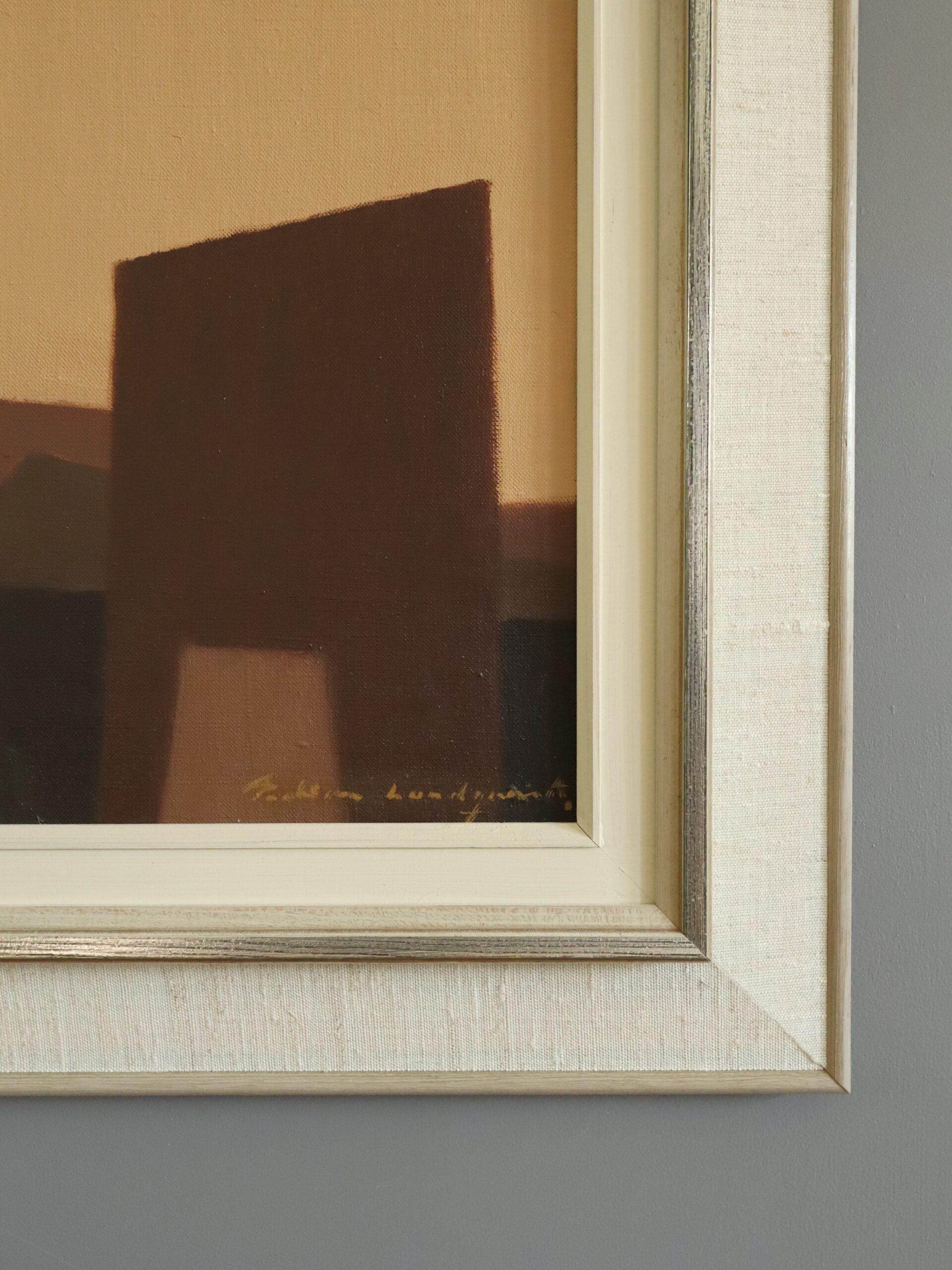 Mid Century Modern Swedish Figurative Oil Painting - Moonrise with Yellow Cup For Sale 4