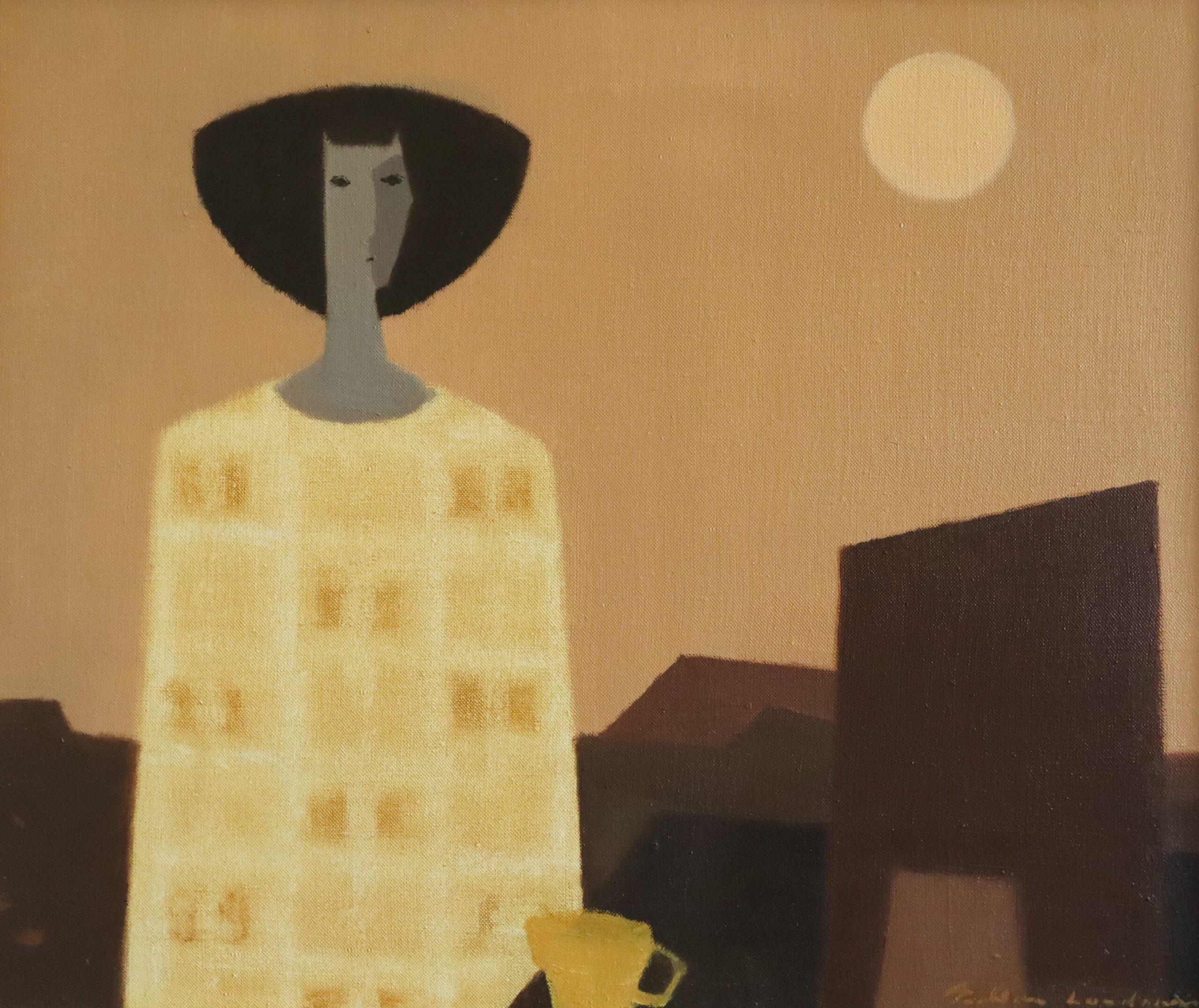 Mid Century Modern Swedish Figurative Oil Painting - Moonrise with Yellow Cup For Sale 6