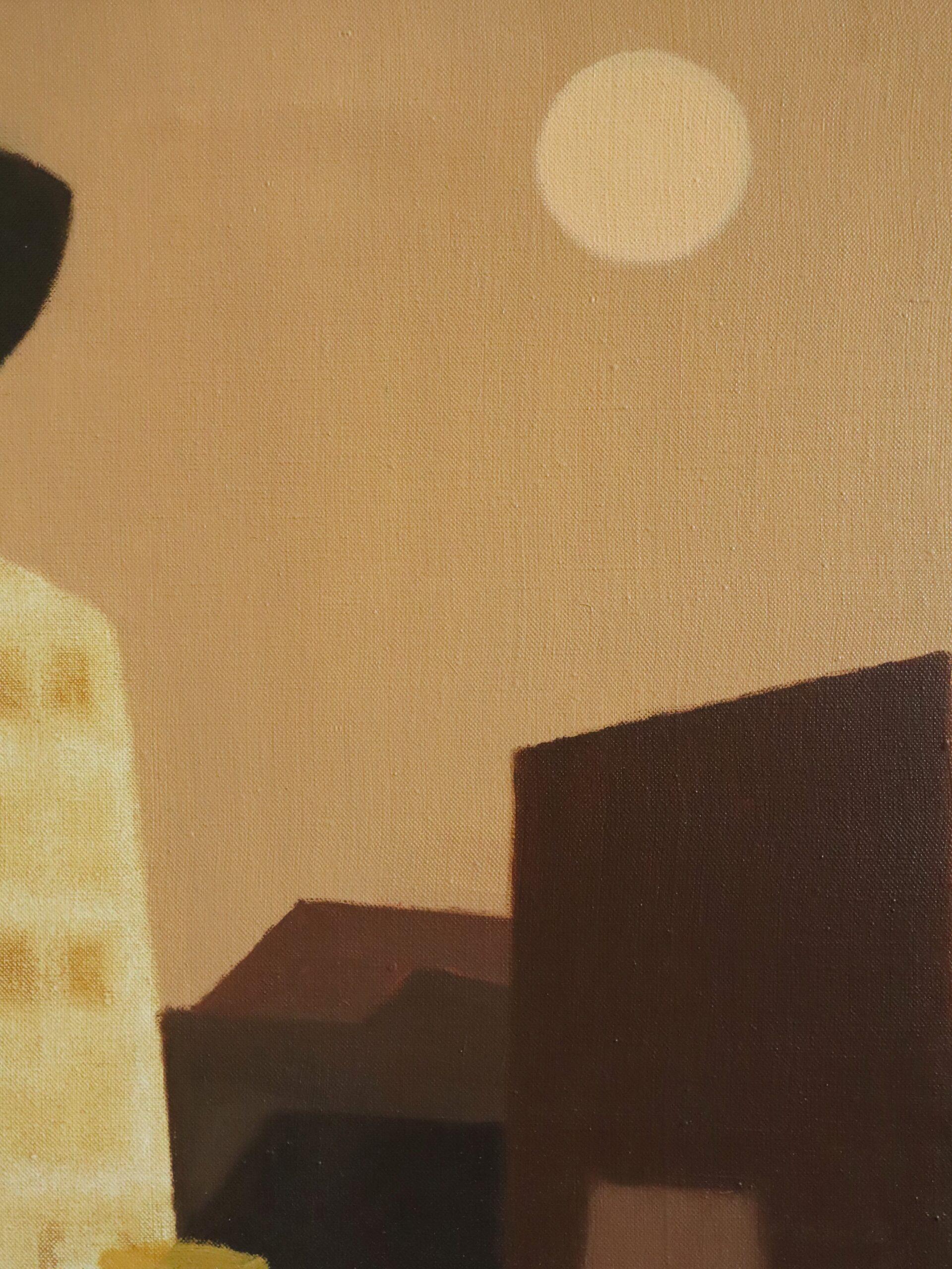Mid Century Modern Swedish Figurative Oil Painting - Moonrise with Yellow Cup For Sale 7